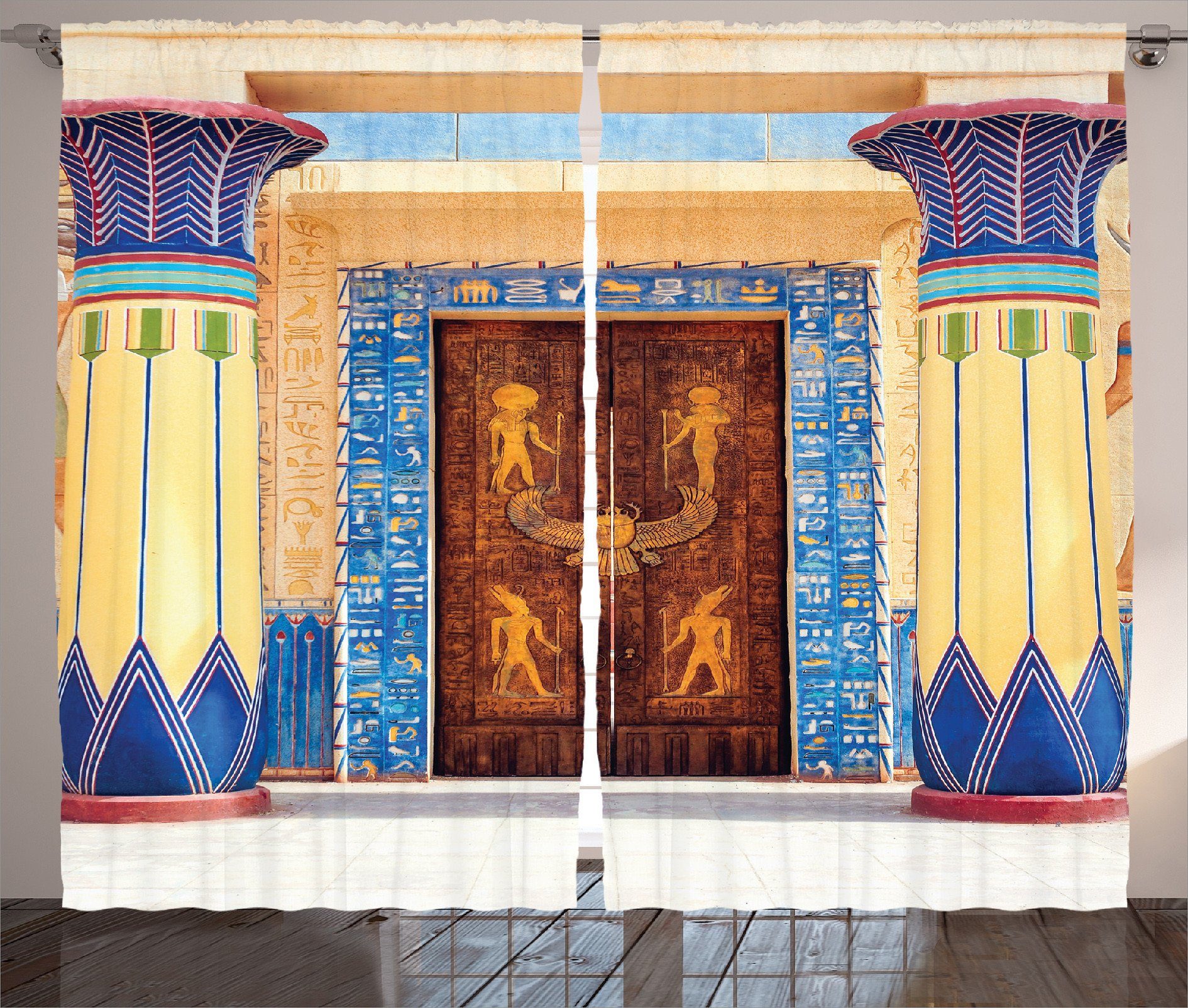 Gardine Schlafzimmer Kräuselband Vorhang mit Schlaufen und Haken, Abakuhaus, ägyptisch Ägypten Gebäude