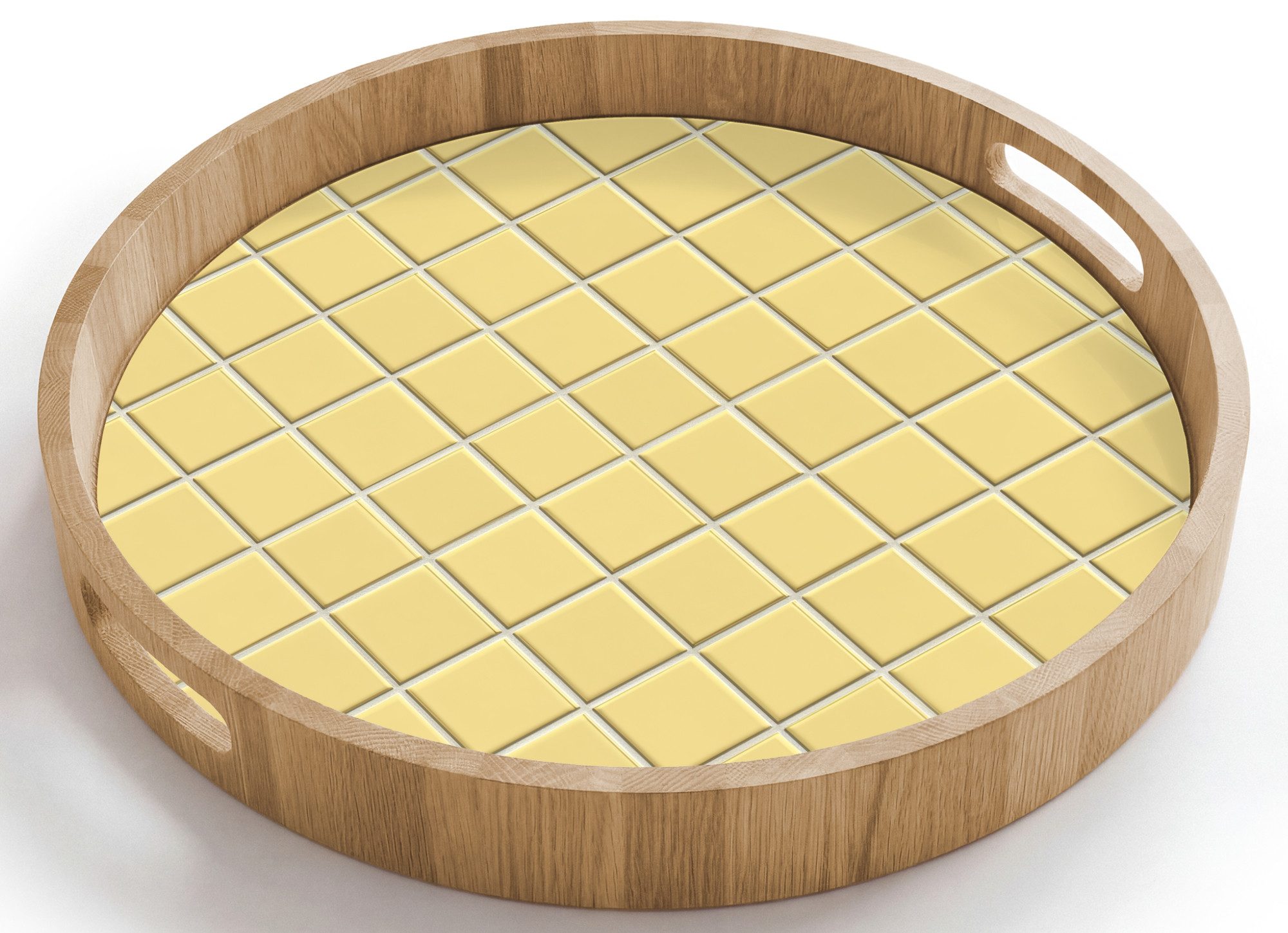 OnlyWow Tablett Rund mit Henkel Muster - Kacheln - Gelb, Eichenholz, (1-tlg), Siervierplatte, Tray, Frühstücksbrett