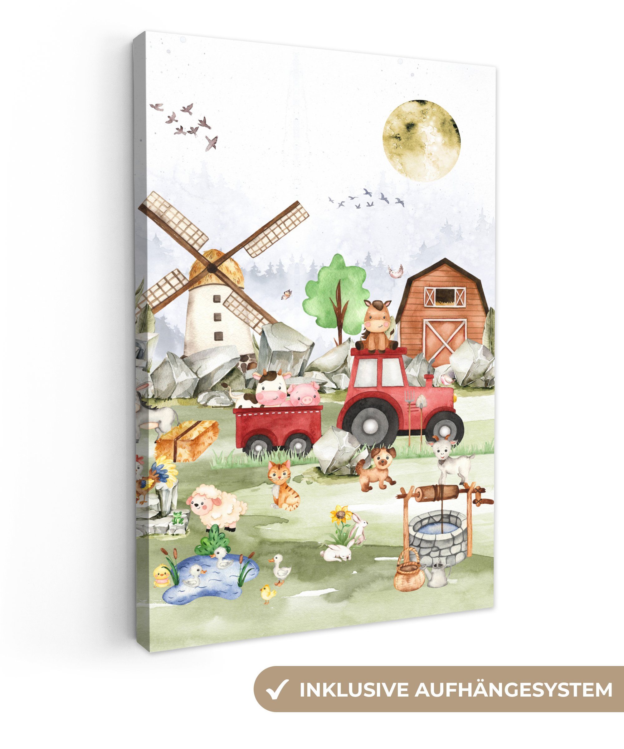 OneMillionCanvasses® Leinwandbild Bauernhof - Traktor - Kinder - Tiere, Fotodruck (1 St), Leinwand Canvas Wandbild, Wanddekoration 20x30 cm