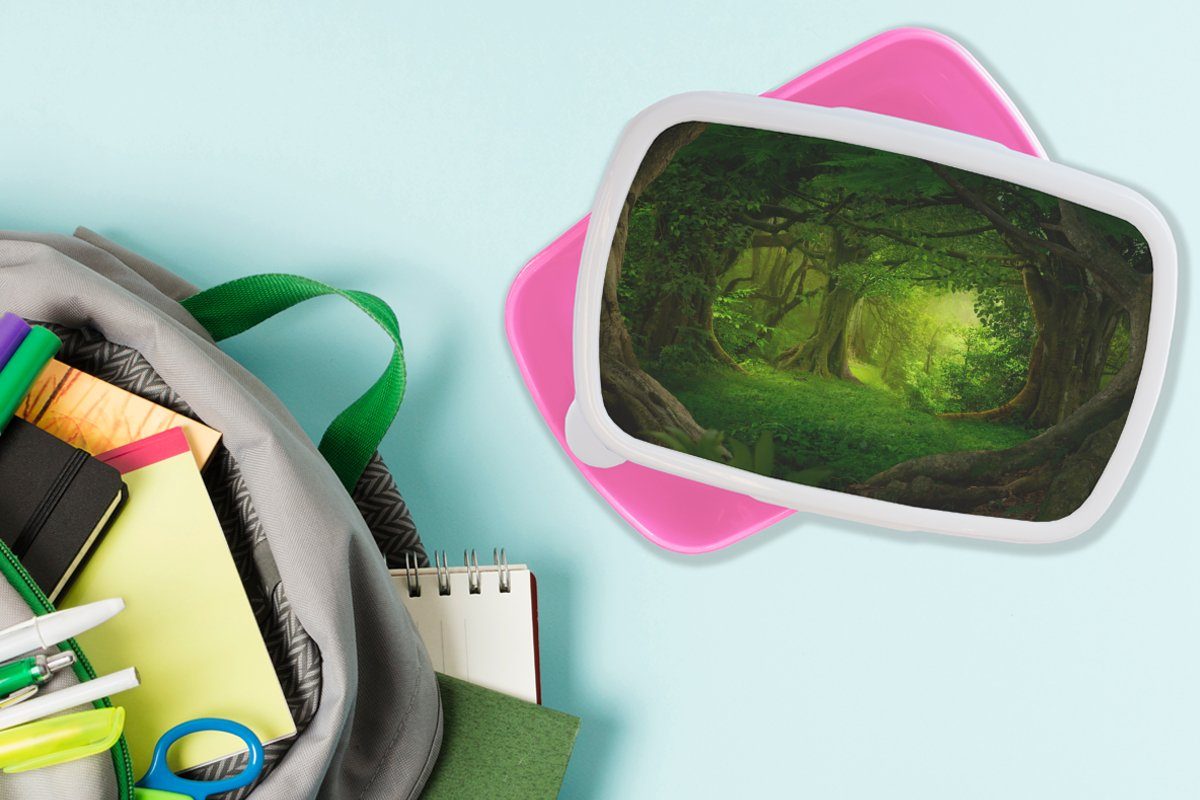 MuchoWow Lunchbox Bäume - Kinder, Mädchen, - (2-tlg), Kunststoff, - Wald Brotdose Grün Snackbox, für Natur, - Landschaft Erwachsene, Kunststoff Brotbox rosa