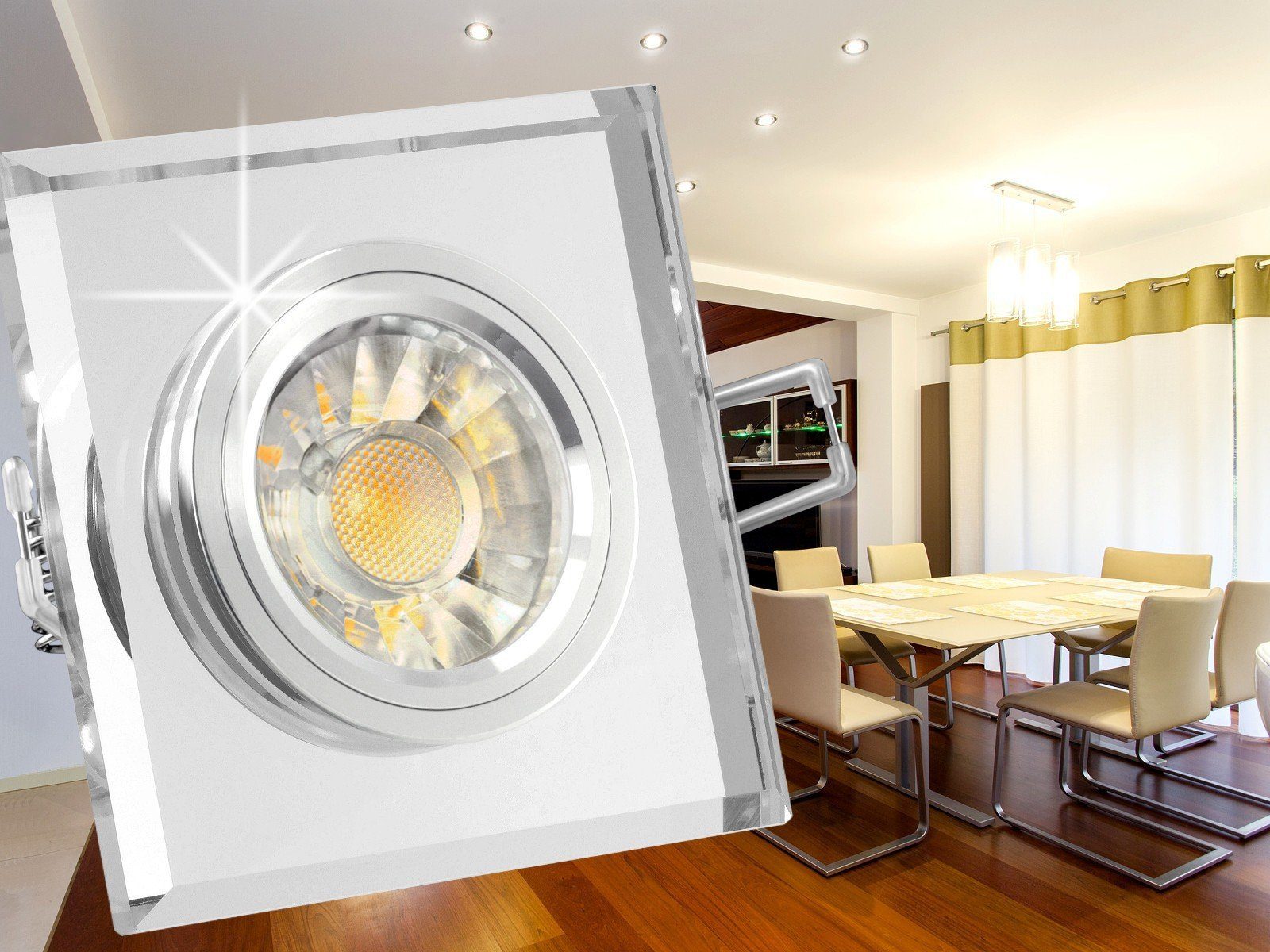 Design klar Einbaustrahler 7W, Glas LED SSC-LUXon Warmweiß Einbaustrahler aus LED quadratisch spiegelnd,