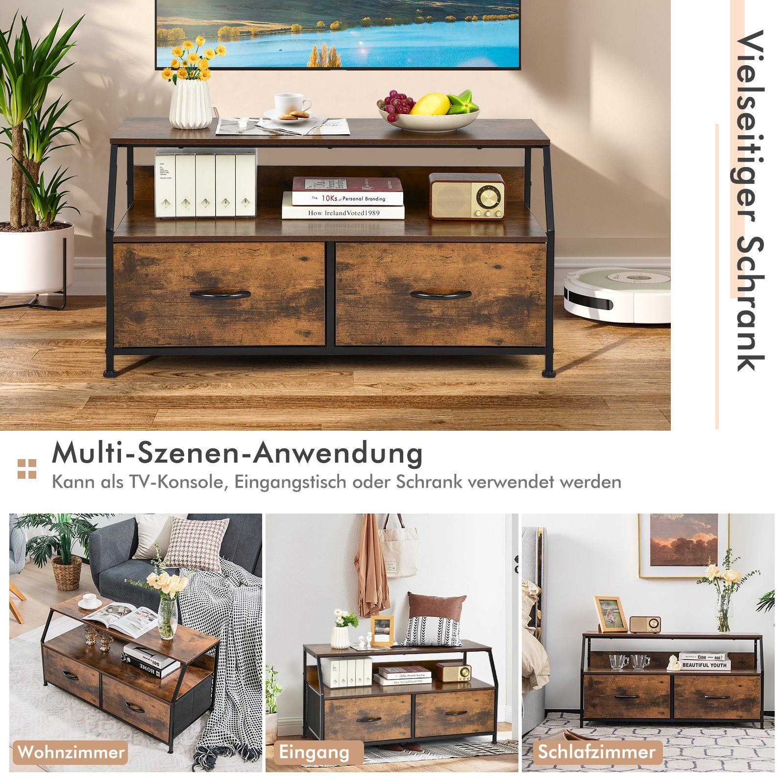 COSTWAY Couchtisch »TV-Schrank«, mit 2 faltbaren Schubladen und Ablage