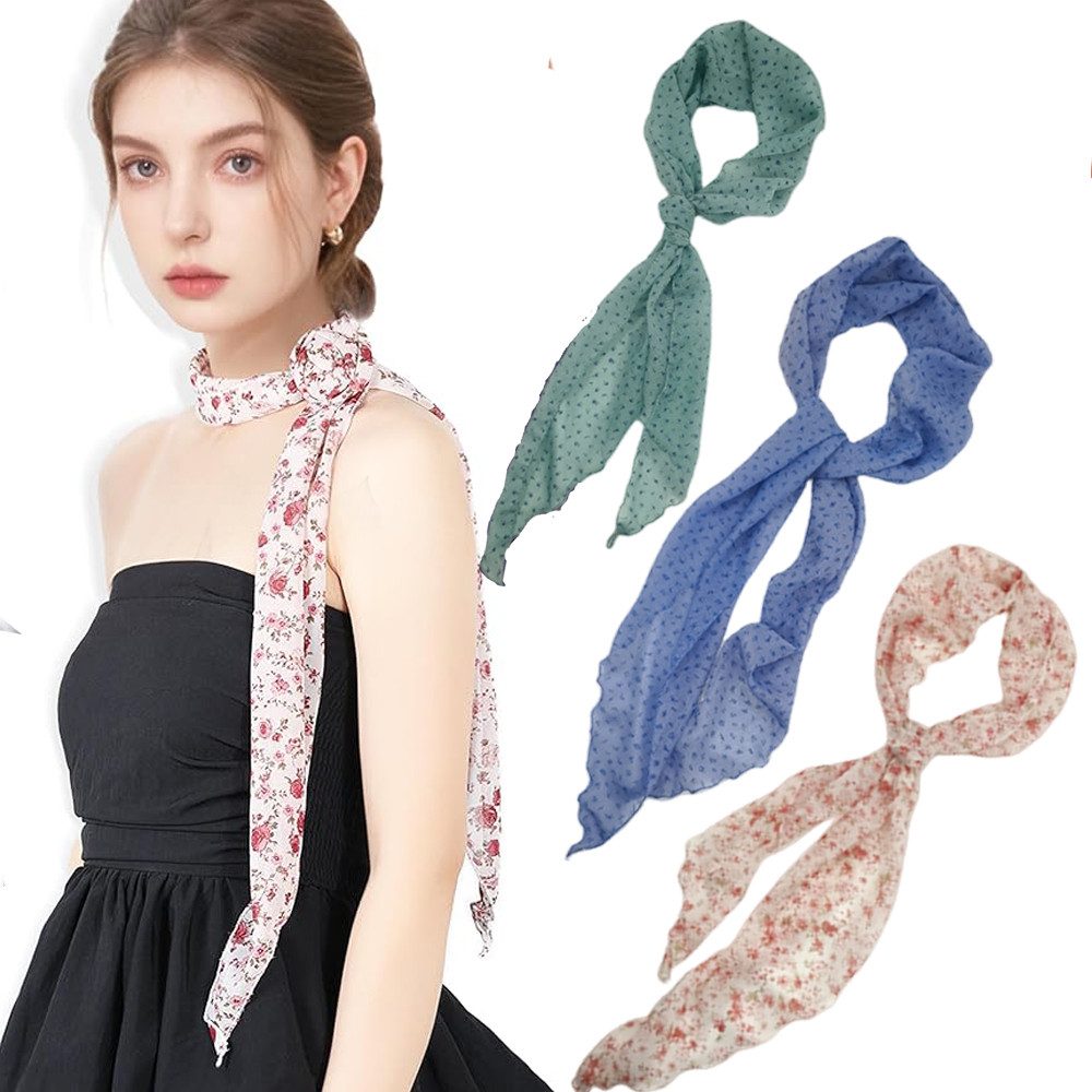 Zaewry Modeschal 3 Stück Chiffon Schal Damen,Eleganter Halsschal,Skinny Neck Scarf, für Kleider, Trägerkleider und Blazer, das ganze Jahr über tragbar