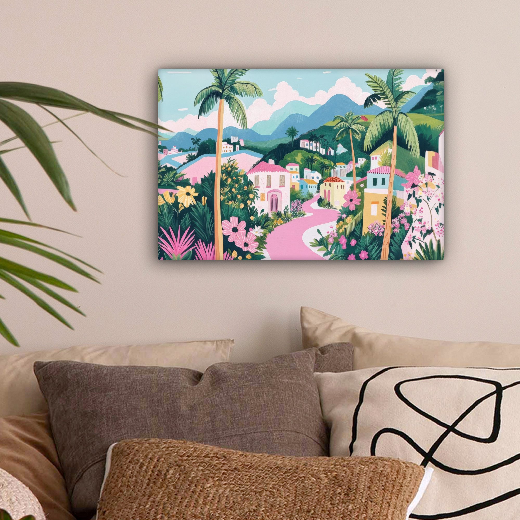 OneMillionCanvasses® Leinwandbild Bunt - Häuser - Hügel - Rosa, Fotodruck ( günstig online kaufen