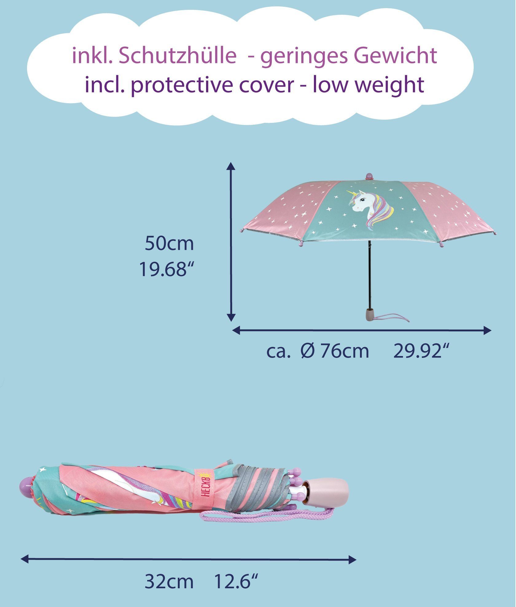 HECKBO Seiten Regenschirm Schulranzen Faltregenschirm: – Regen Farbe in Jungen Schutzkappen allen der die Reflektoren an – mit passt Reflektorstreifen bei Kinder Magic – jeden & an Holzgriff, Taschenregenschirm mit Seite – wechselt Schutzhülle,