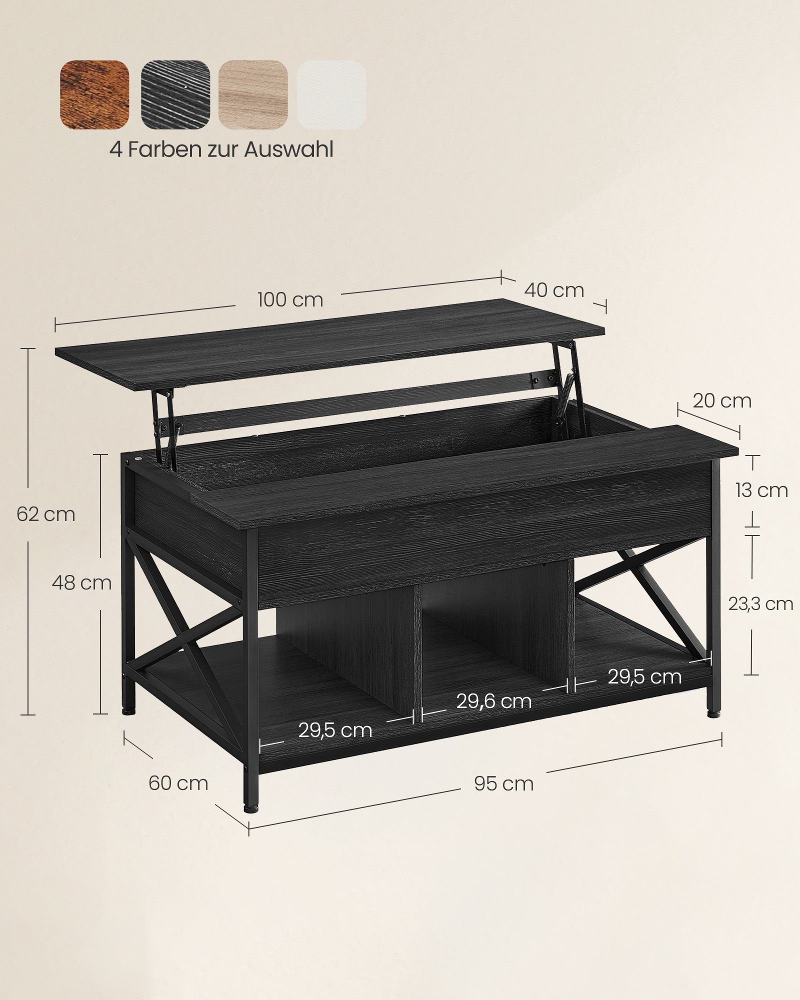 VASAGLE Couchtisch Wohnzimmertisch, offener und versteckter Stauraum, X-Streben (inkl. Zubehörpaket & Anleitung) aufklappbar), höhenverstellbar, versteckter Stauraum, 60 x 100/120 x (48-62) cm