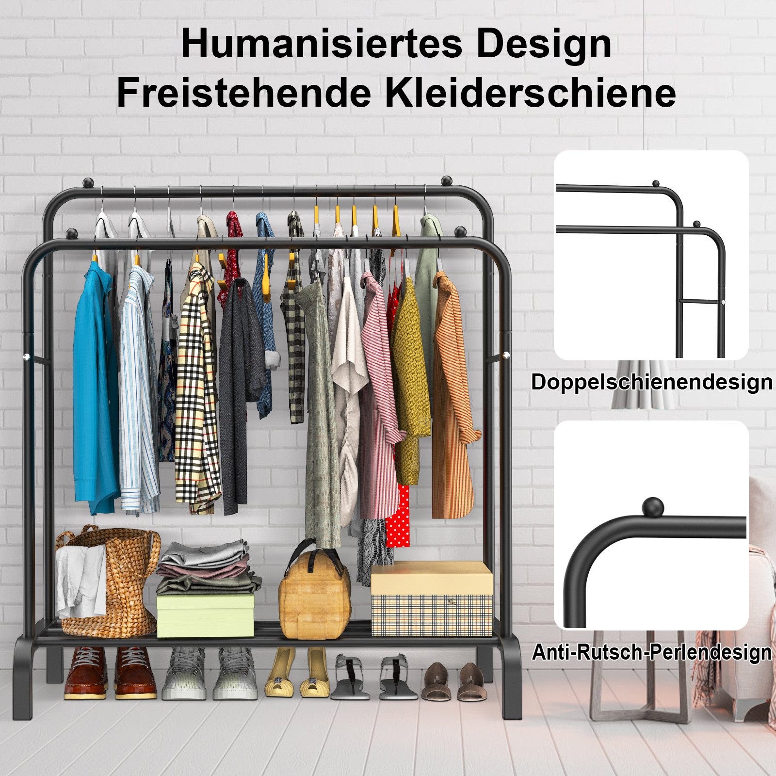loefme Kleiderständer 3-in-1 Garderobenständer, Metall Kleiderstange offen, Einfache Montage Multifunktionaler Kleiderständer, Schwarz