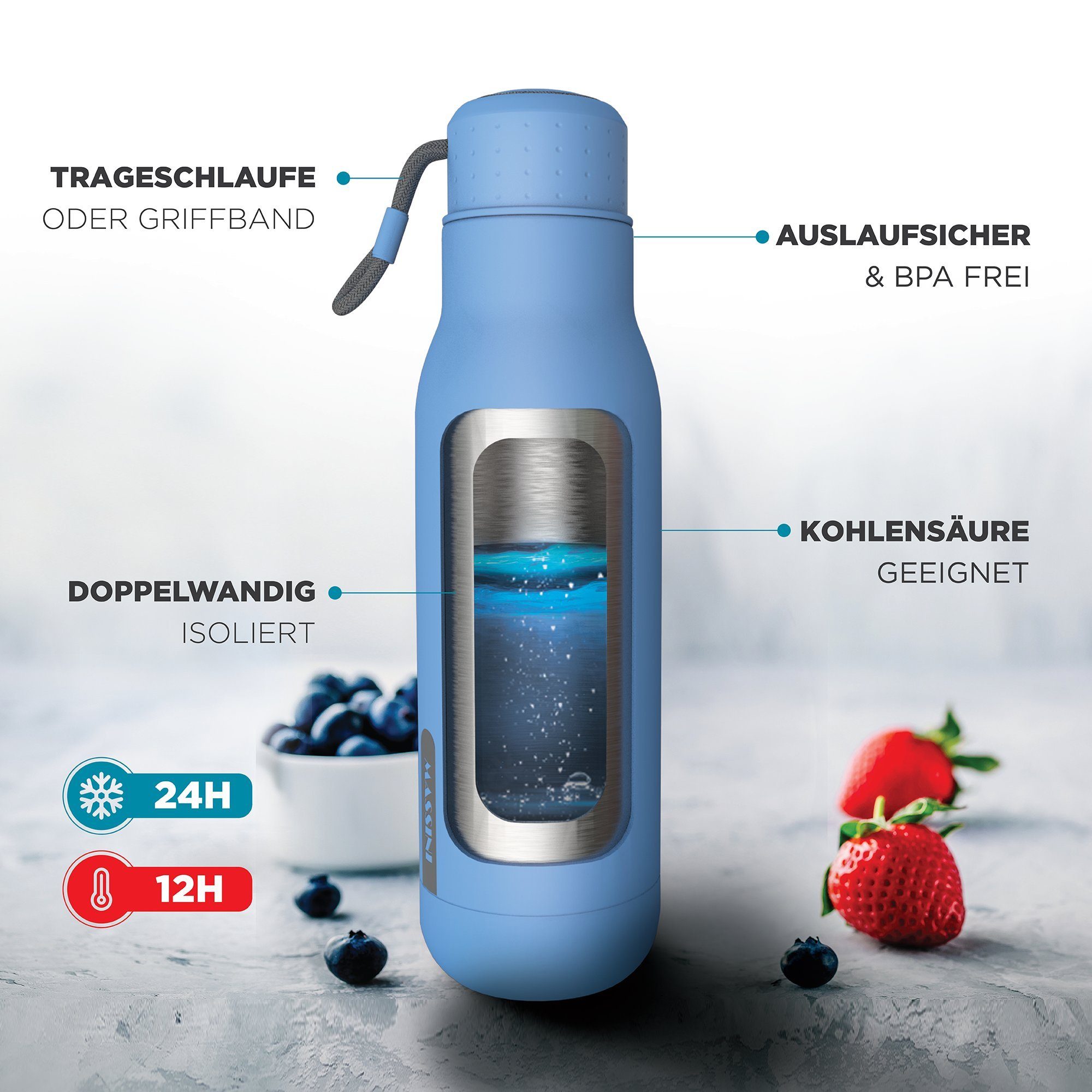 Massini und Isolier- geeignet, Baby Pulverbeschichtung, Blau Trinkflasche BPA-Frei Thermoflasche Design Edelstahl Trinkflasche Auslaufsicher, Kohlensäure