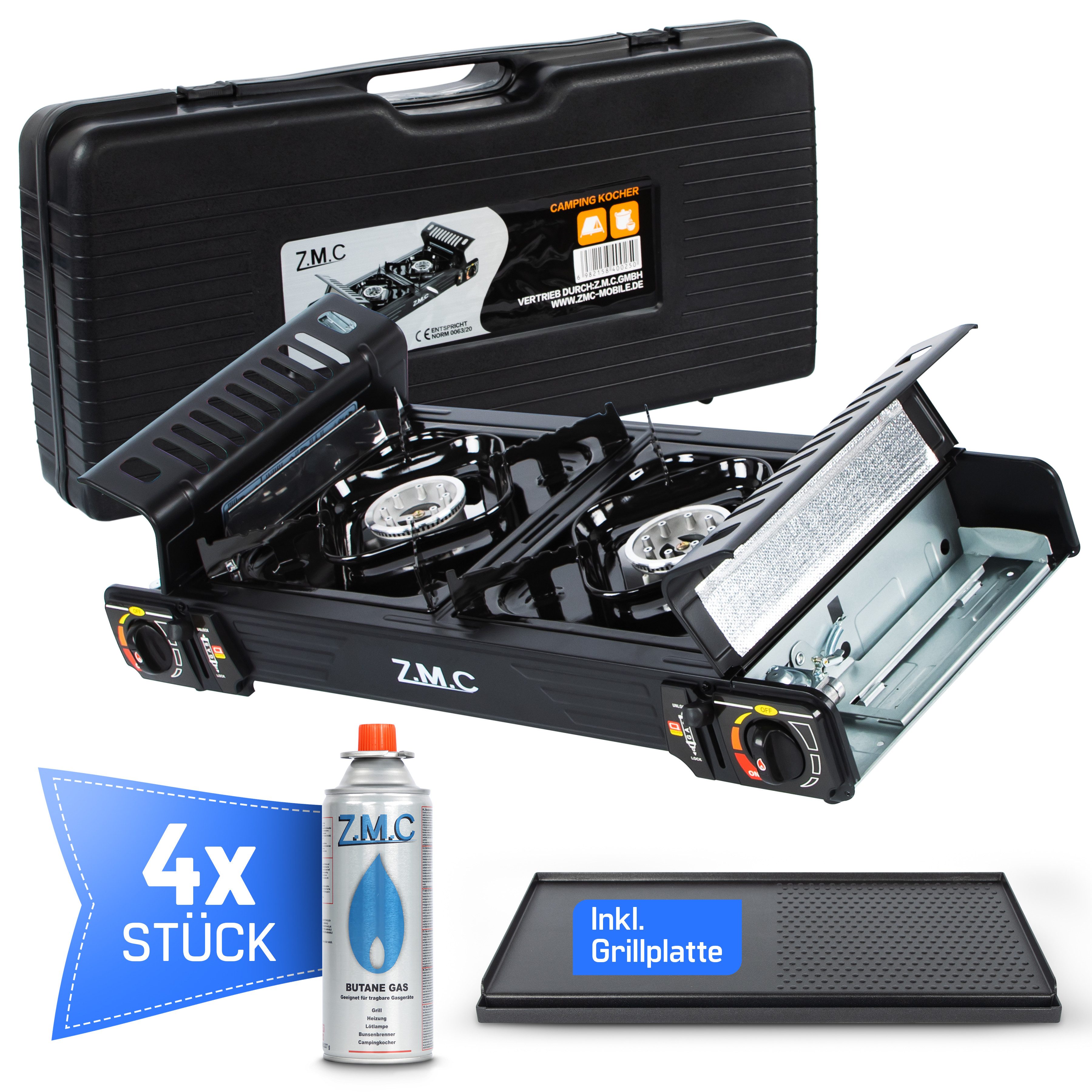ZMC Gaskocher PREMIUM 2 flammig Campingkocher Gaskocher Grillplatte+4x Gaskartusche, (Grill Platte Tischgrill Doppel Gasbrenner Gasgrill Kochfeld mit Piezozündung Wärmeleistung: 2,0KW), Butan Gas 227g Gaskocher Outdoor Camping Gas Мультиварки Herd Butangas
