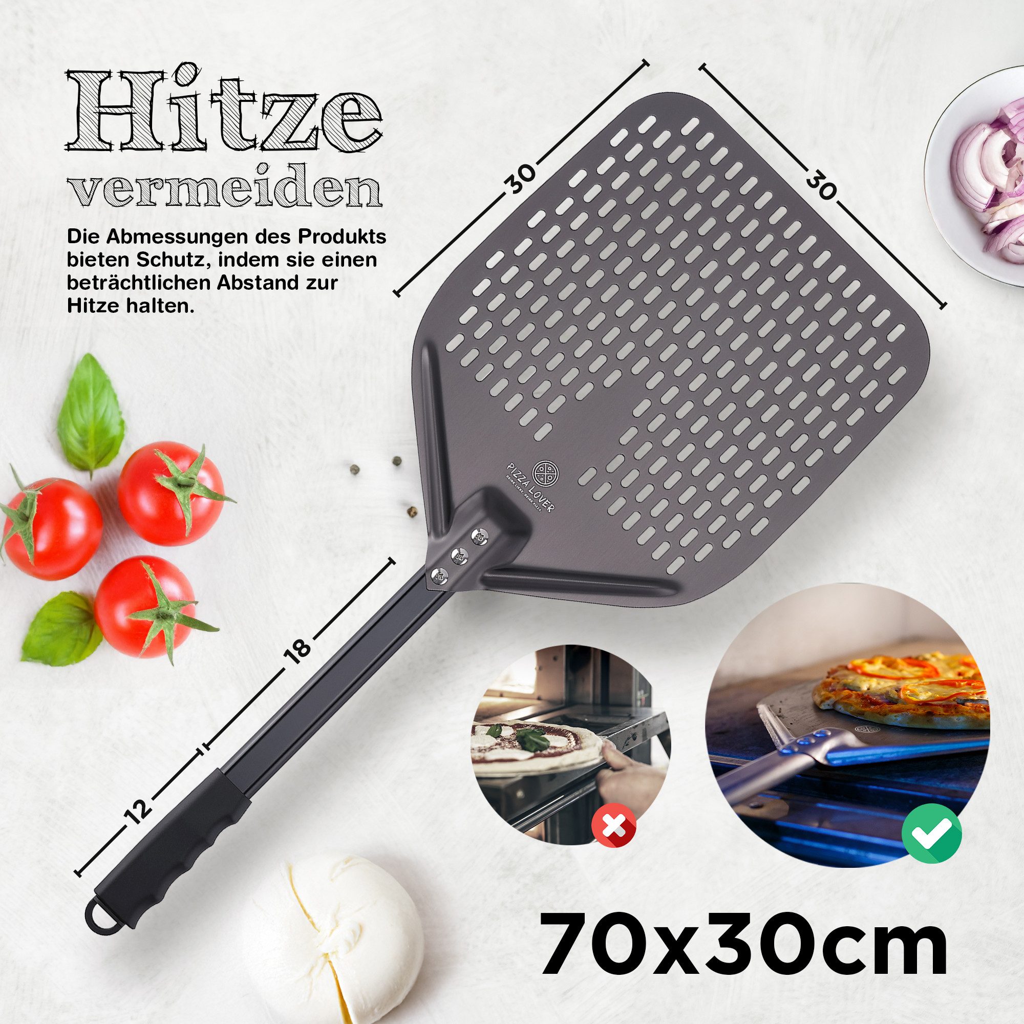 Pizza Lover Pizzaschieber Pizzaheber Harteloxierte perforierte 30x70 cm Aluminium Pizzaschaufel, Pizzaheber. Pizzaschieber 30x70 cm
