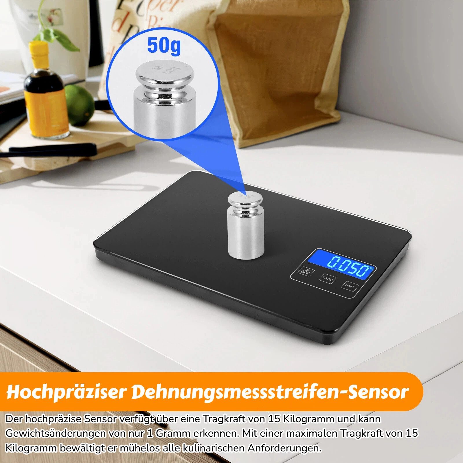 BlingBin Küchenwaage Lebensmittel Küchenwaage Digital Elektronische Professionelle Waage, (Haushaltswaage mit 5 Umschaltbaren Einheiten, Hohe Präzision auf bis zu 1g, 1-tlg., 24*16*2.1cm), 15KG Essenswaage aus Gehärtetem Glas für Küche