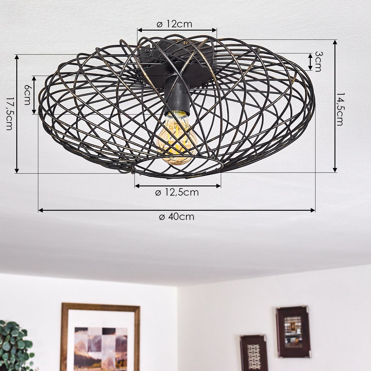 hofstein Deckenleuchte »Pieris« Deckenlampe aus Metall in Schwarz/Gold, ohne Leuchtmittel, E27, Leuchte m. Gitter u. Lichteffekt an der Decke – Bild 4 von 5
