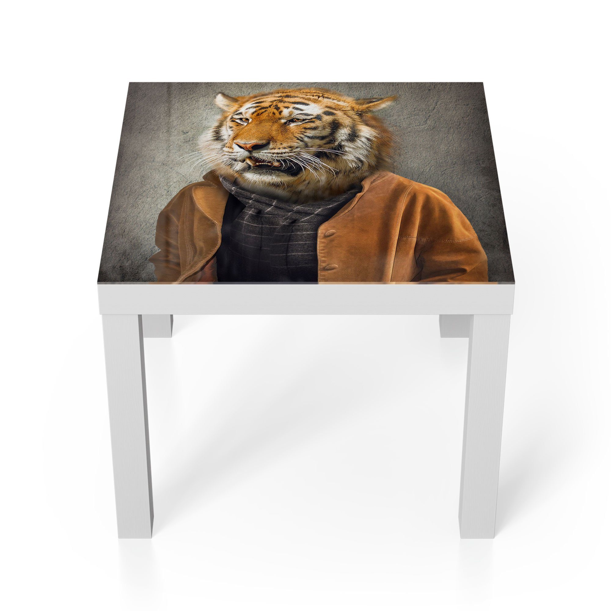 DEQORI Couchtisch 'Tiger in Glas modern Menschengestalt', Glastisch Weiß Beistelltisch