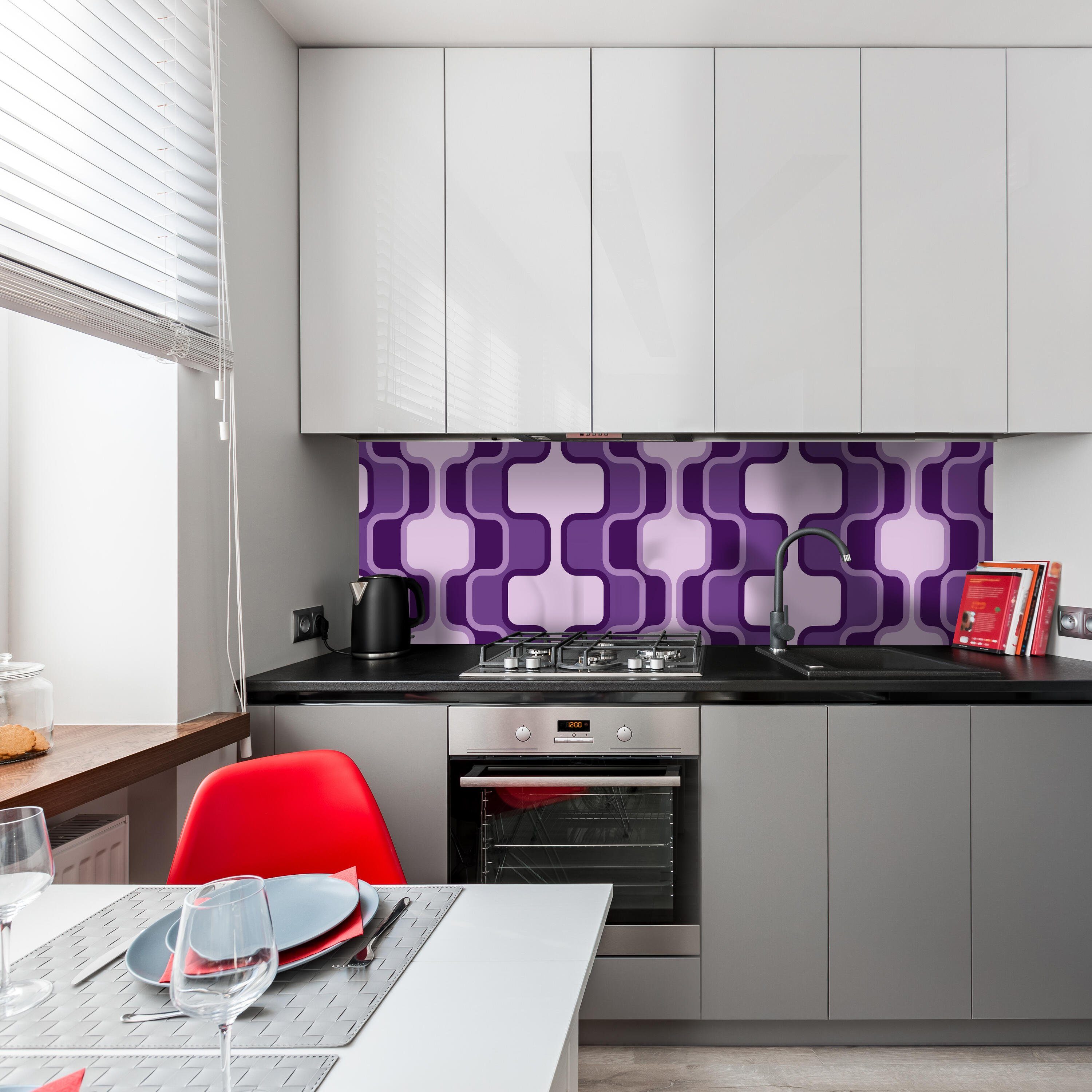 wandmotiv24 Küchenrückwand Retromuster Violett Muster, (1-tlg), Premium Hartschaum Nischenrückwand in versch. Größen