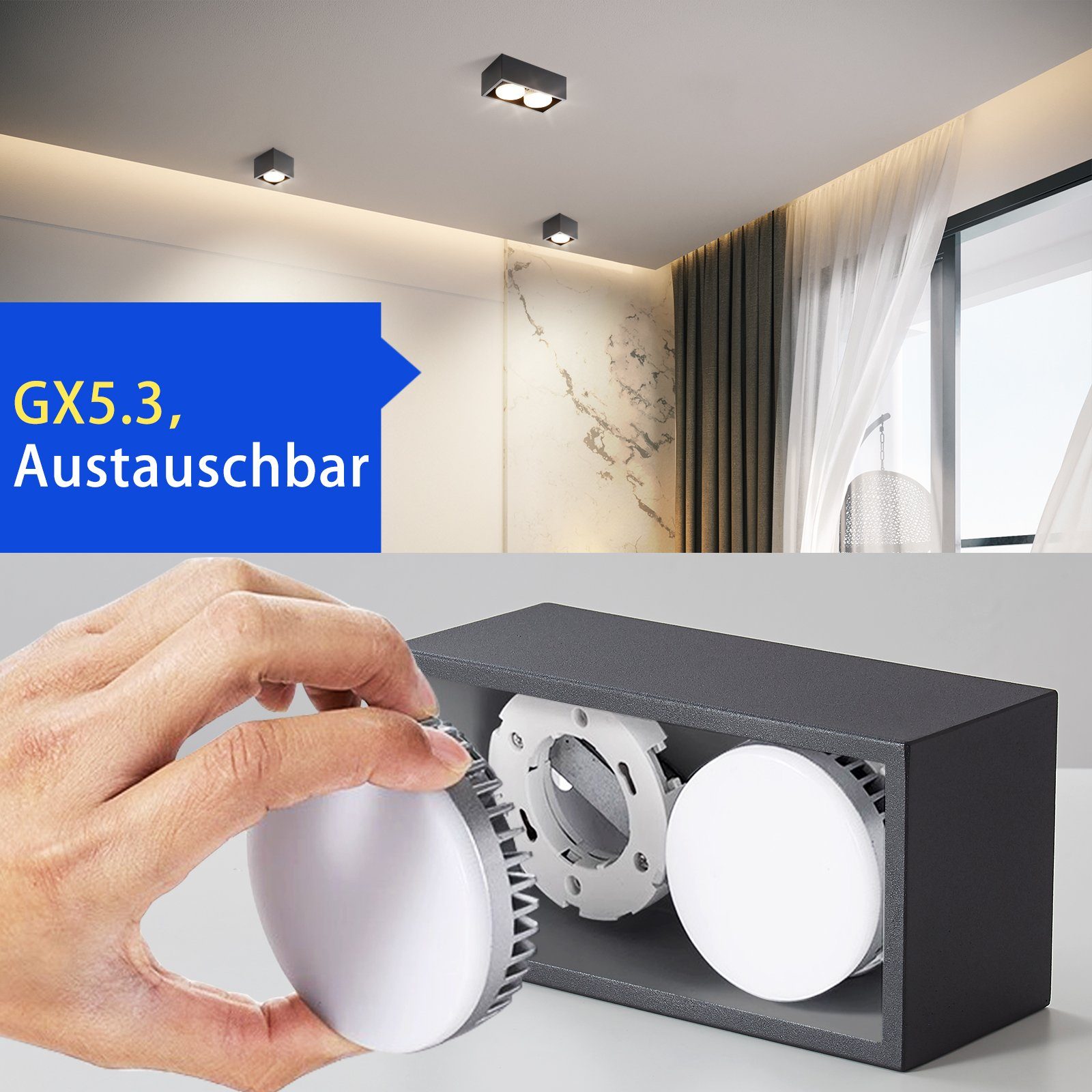 Wohnzimmer, LED Aufputz Schwarz LED 3000k, Küche integriert, Weiß - Deckenspots für GX53, Aufbauleuchte Warmweiß LED fest 2 Deckenstrahler Flammig mit Aufbaustrahler ZMH