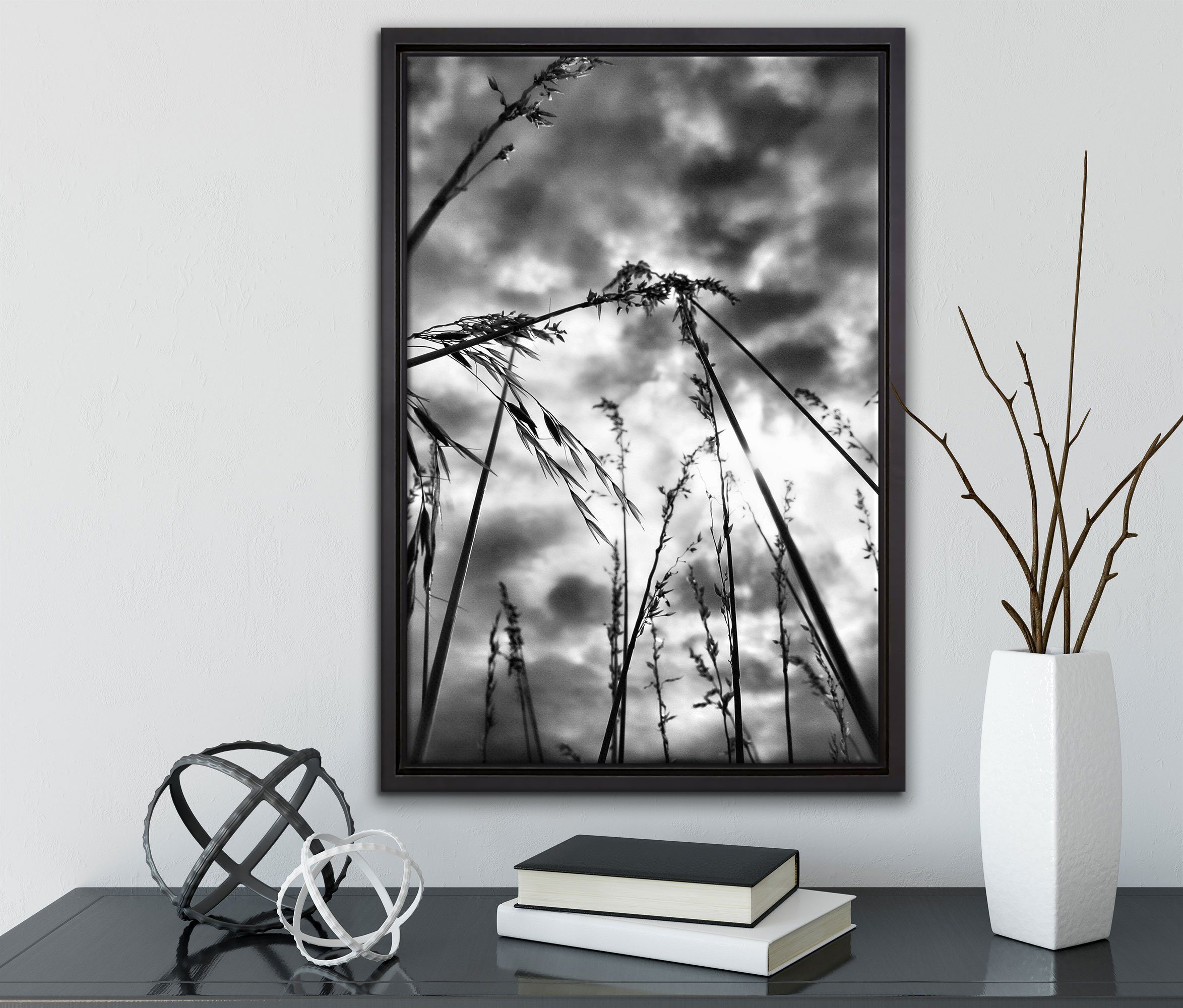 Pixxprint Leinwandbild Grashalme Zackenaufhänger (1 St), inkl. Wanddekoration einem fertig Himmel, Leinwandbild in dunklem bespannt, gefasst, Schattenfugen-Bilderrahmen mit