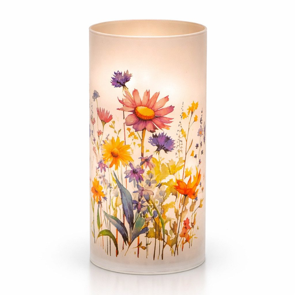 formano LED Dekolicht LED Deko Licht Wildblumen Zylinder Glas 20cm Blume Motiv Timer 6h/18h, LED fest integriert