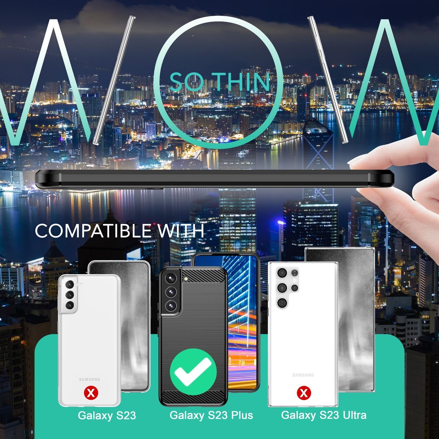 Nalia Smartphone-Hülle Samsung Galaxy S23 Plus 16,8 cm (6,6 Zoll), Carbon-Look Silikon Hülle / 2x Displayschutz / Karbon-Optik Handyhülle