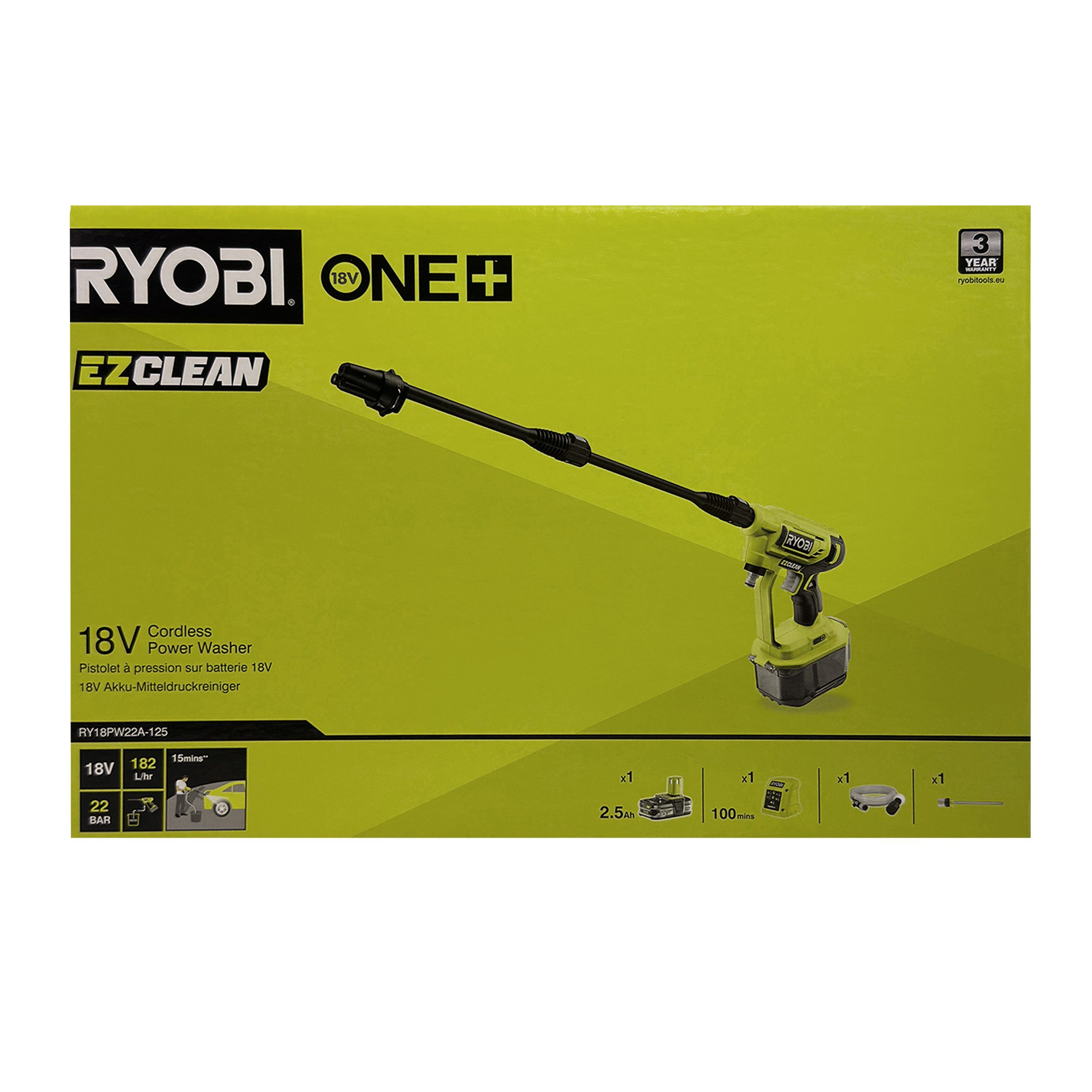 RYOBI Akku-Hochdruckreiniger Ryobi RY18PW22A-125 Hochdruckreiniger 18 V ONE+ (ohne Akku/Lader), (1 tlg)