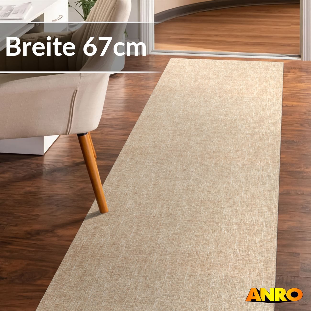ANRO Küchenläufer Premium Einfarbig RUNNA Läufer Küchenteppich Stoff-Teppich, Rechteckig, Höhe: 3 mm, Stoff schmutzabweisend 67x140cm Boho Beige robust