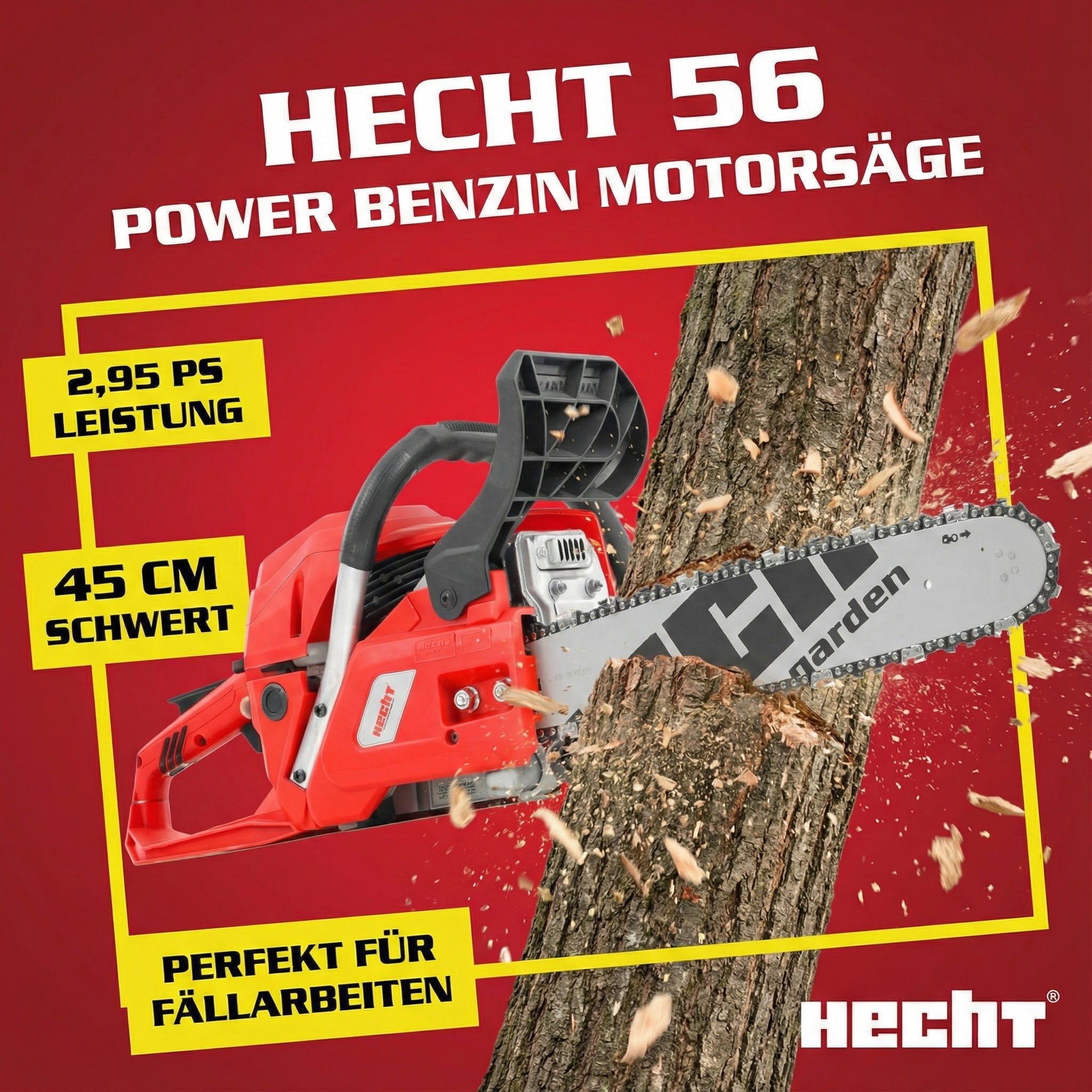 Hecht Benzin-Kettensäge Motorsäge 56, 40 cm Schnittlänge, Kettenölung, 45 cm Schwertlänge, 2,95 PS, 12.000 U/min, 56,5 cm³, 21,8 m/s