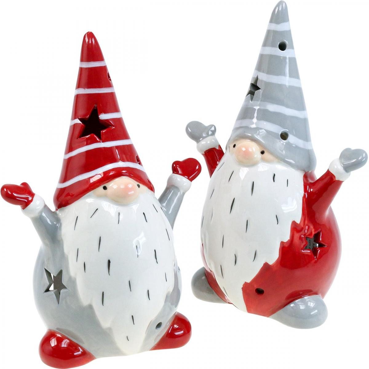 Weihnachtsmann Weihnachtliche Wichtel Teelichthalter Set in Rot und Grau, Keramik