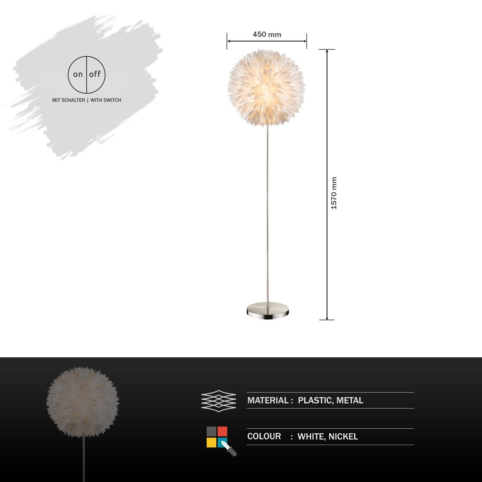 Globo Stehlampe GLOBO Stehlampe rund, Esszimmer, Stehleuchte Leuchtmittel, Leuchtmittel, modern, Standlampe, Wohnzimmer Flur, vom weiß, Schlafzimmer Blüten abhängig ist Standleuchte Küche, ohne Lichtfarbe