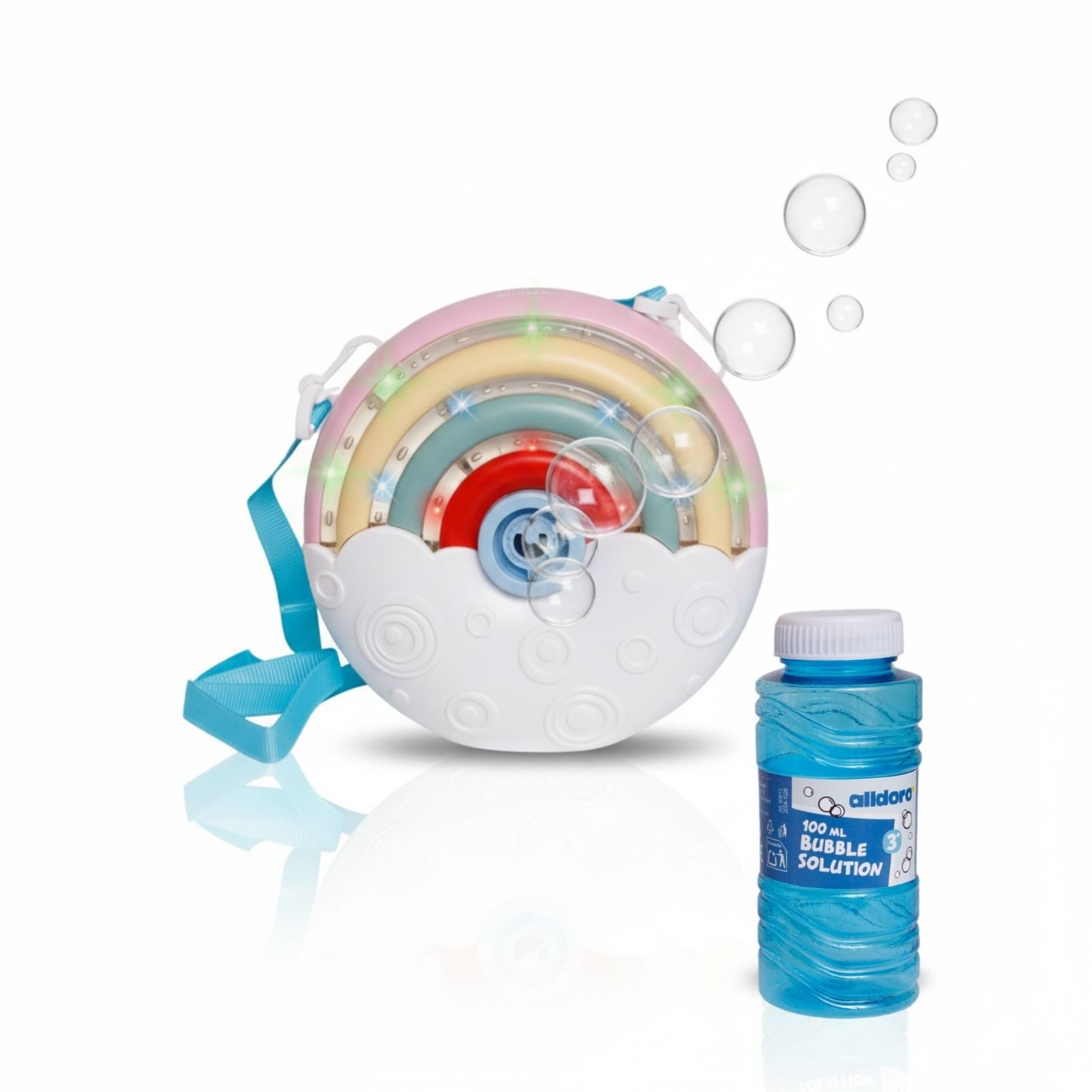 alldoro Seifenblasenmaschine Seifenblasen-Maschine Rainbow mit Leuchteffekt für Kinder ab 3 Jahren, Seifenblasen-Set mit tragbarer Seifenblasenkanone & 100 ml Flüssigkeit