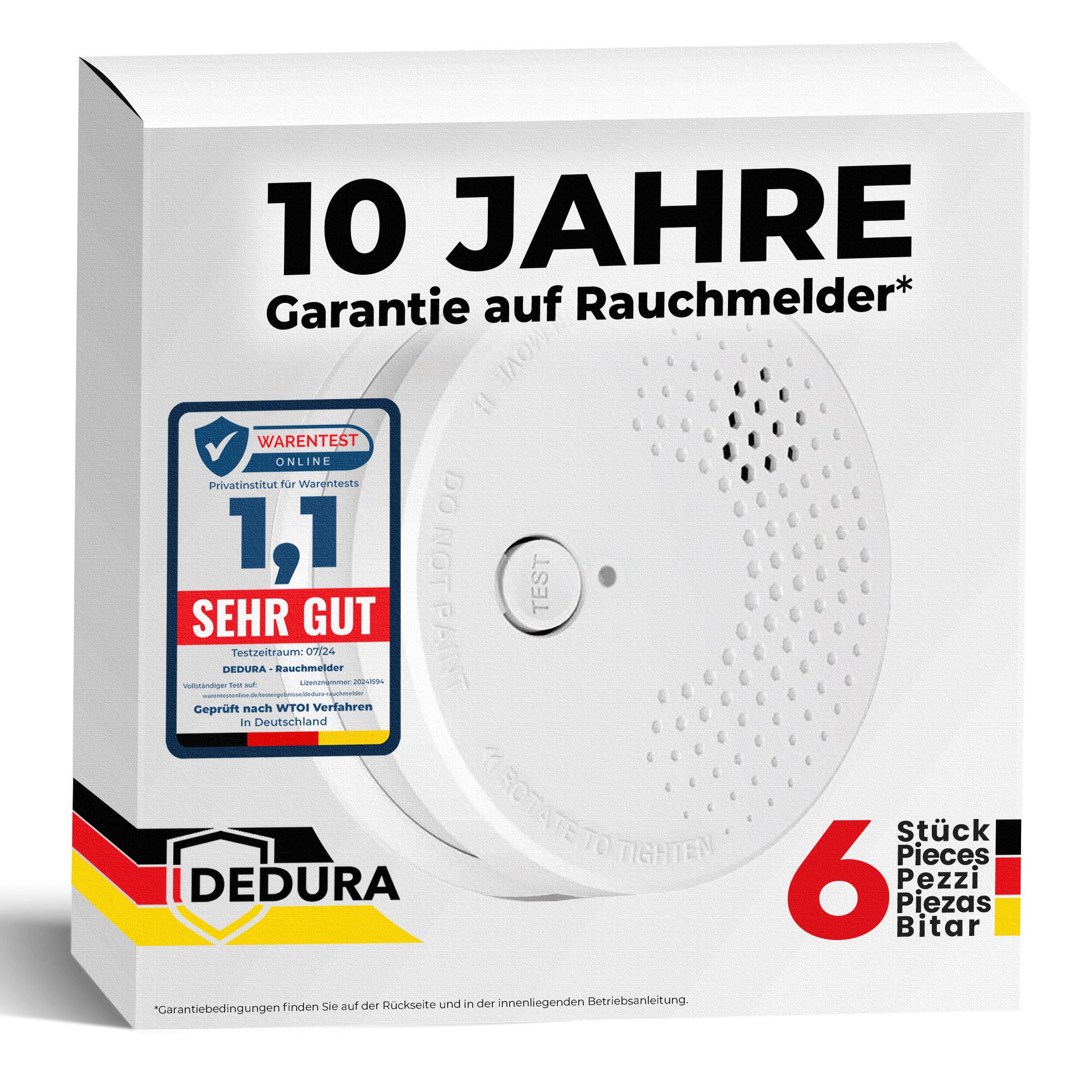 dedura Rauchmelder (10 Jahre Garantie BSI Zertifiziert nach DIN EN14604 inkl. 9V Batterie)