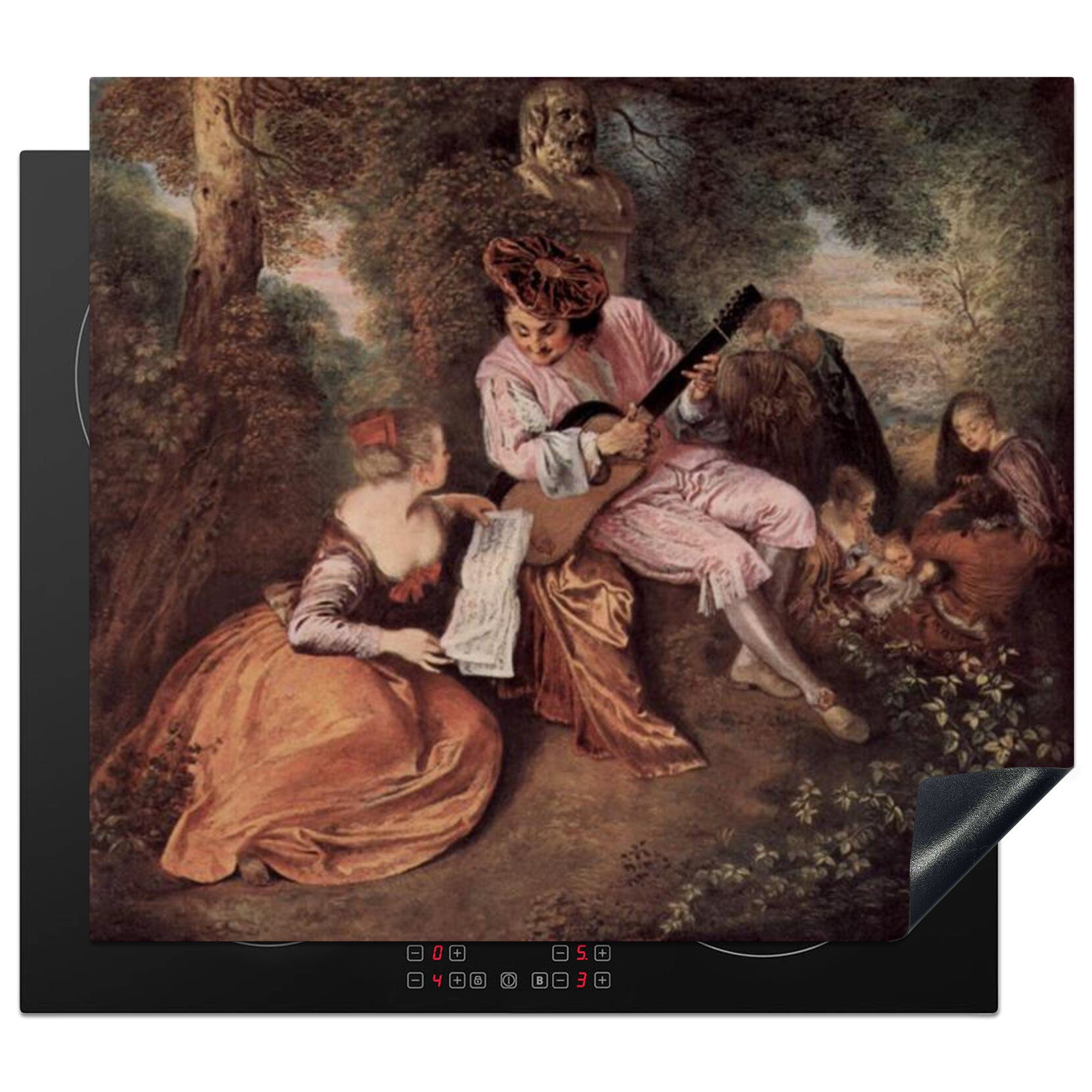 MuchoWow Herdblende-/Abdeckplatte Das Liebeslied - Gemälde von Antoine Watteau, Vinyl, (1 tlg), 60x52 cm, Mobile Arbeitsfläche nutzbar, Ceranfeldabdeckung