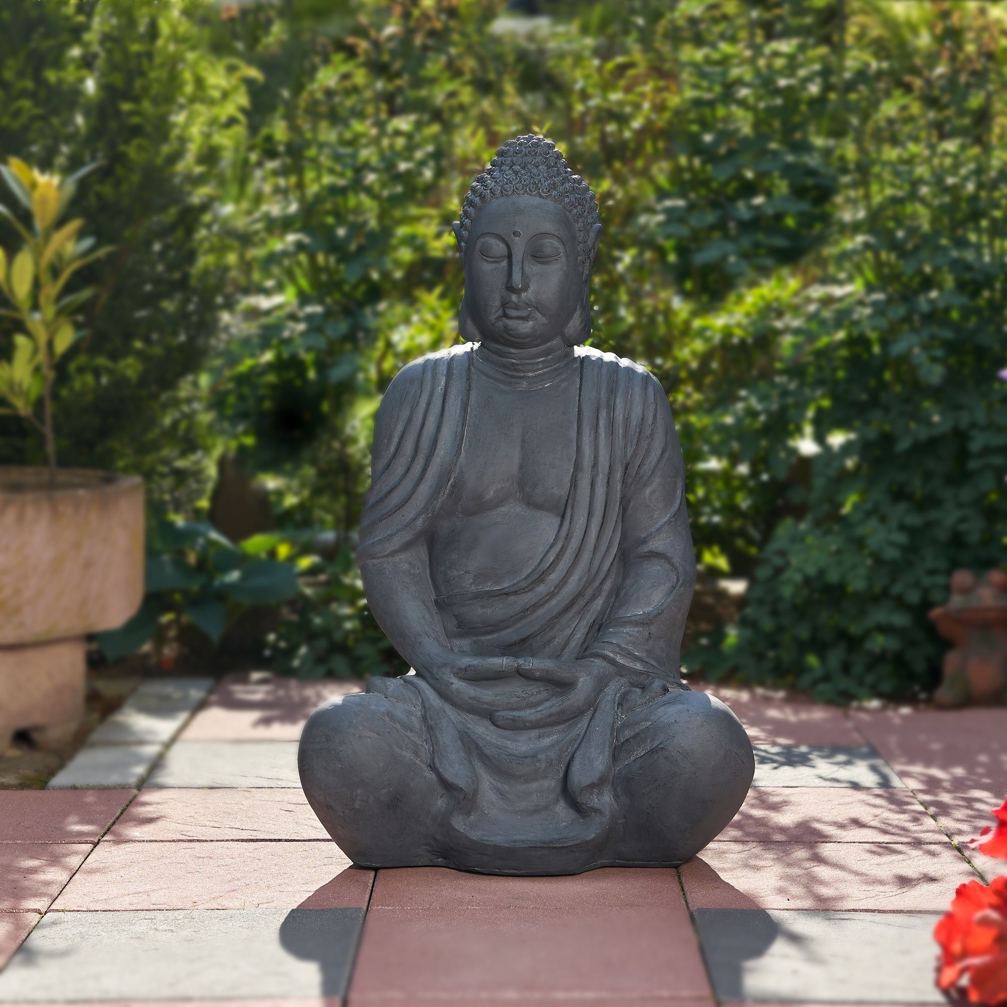 Großer Buddha Garten Deko sitzend Steinoptik 47 cm Feng Shui Statue 