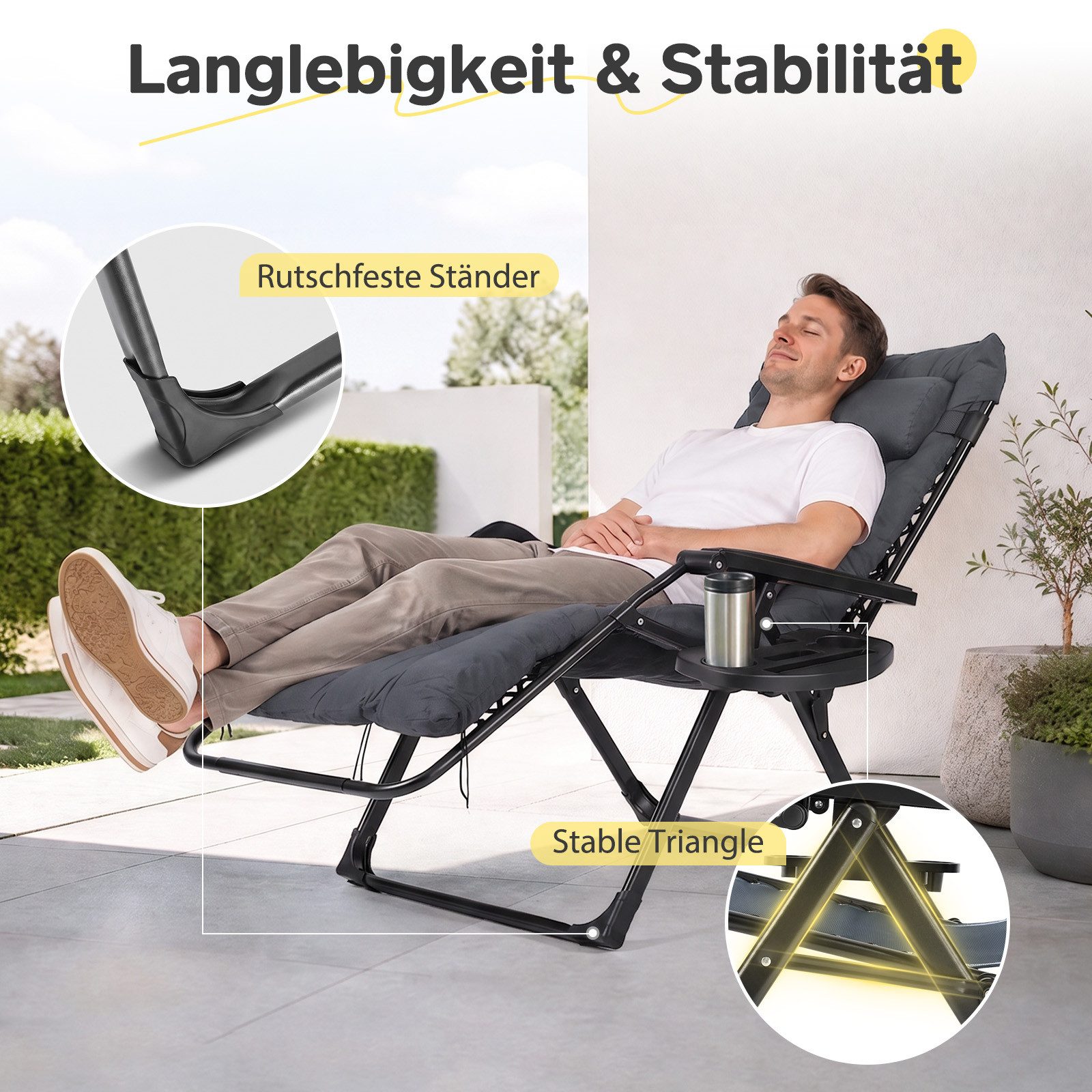 Sekey Gartenliege Sonnenliege Klappbar Gepolstert Liegestuhl mit Auflage Getränkehalter, 3-stufig verstellbar, XXL Campingstuhl, 74 cm breite Liegefläche – Bild 4 von 5