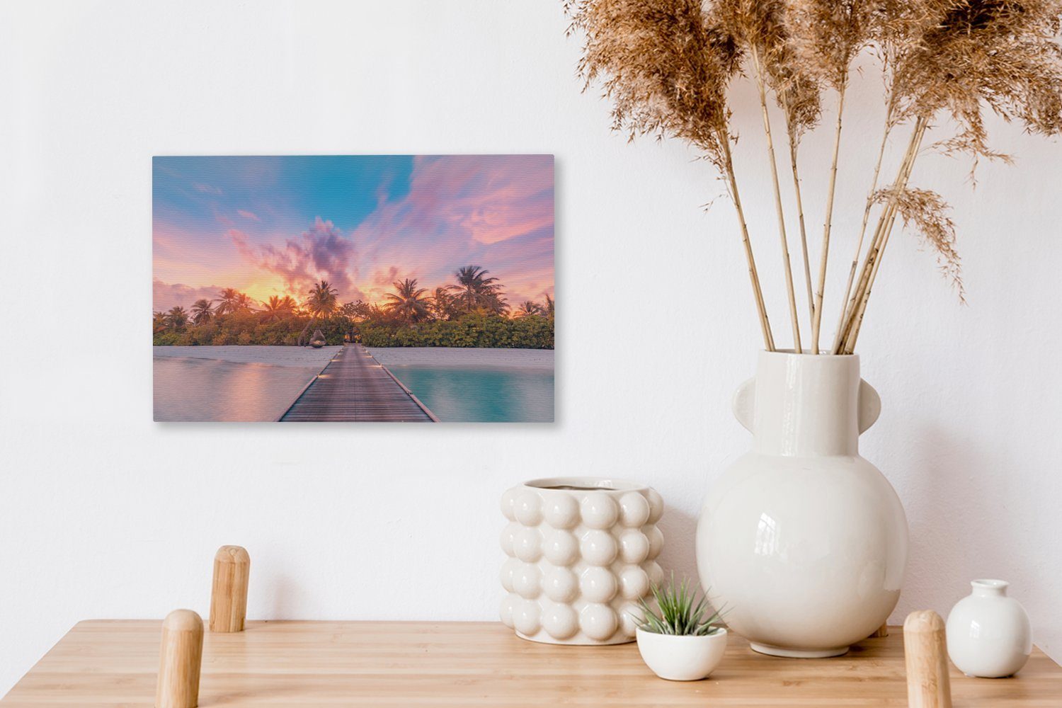 Pier St), Aufhängefertig, Leinwandbilder, Malediven auf cm Sonnenuntergang Leinwandbild aus vom Wandbild OneMillionCanvasses® den (1 gesehen, Wanddeko, 30x20