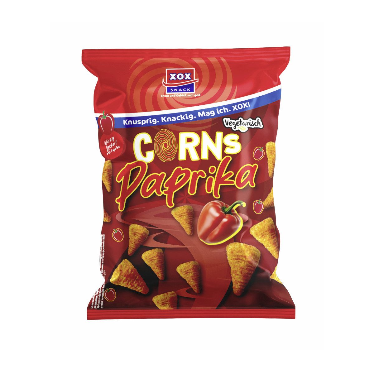XOX Knabberei, XOX Corns Paprika knuspriger Snackgenuss würzige Note Packung 85g