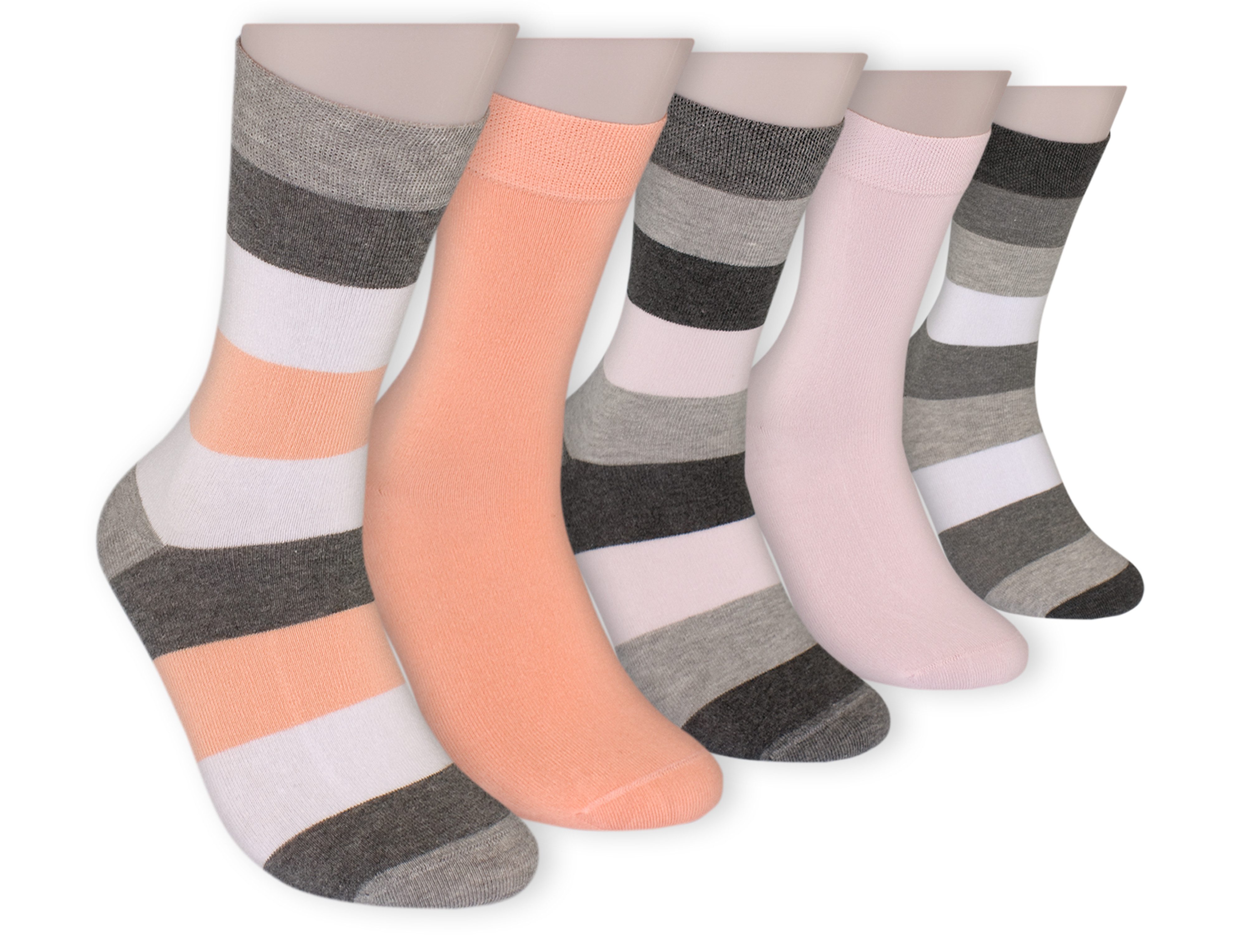 Die Sockenbude Basicsocken KOMFORT - Damensocken (Bund, 5-Paar, weiß rosa orange) mit Piqué-Bund ohne Gummi geringelt