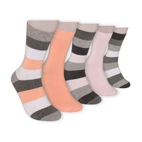 Die Sockenbude Basicsocken KOMFORT - Damensocken (Bund, 5-Paar, weiß rosa orange) mit Piqué-Bund ohne Gummi geringelt