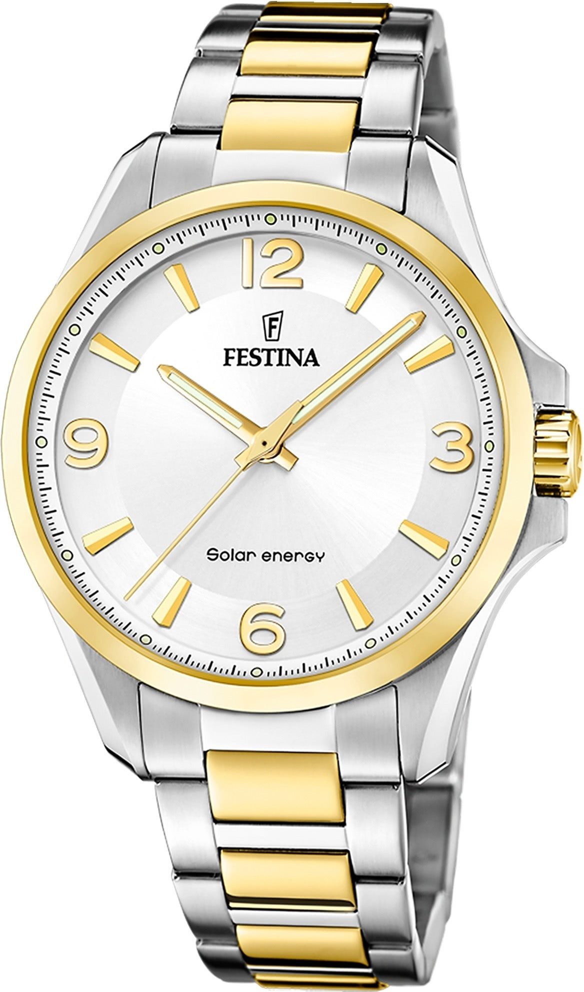 Festina Solaruhr Festina Herrenuhr Edelstahl silber gold, (Solaruhr), Herren Solaruhr rund, Edelstahlarmband silber, gold, Luxus