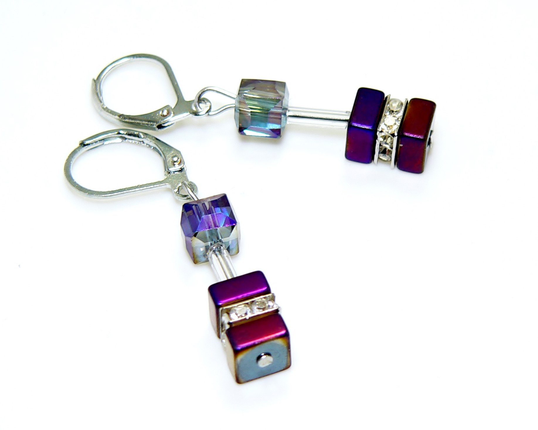 traumschmuck Paar Ohrhänger 536.o Ohrhänger Würfel Cube Hämatit purple lila violett Glas Strass (incl. Schmuckbox), handgefertigt, Made in Germany