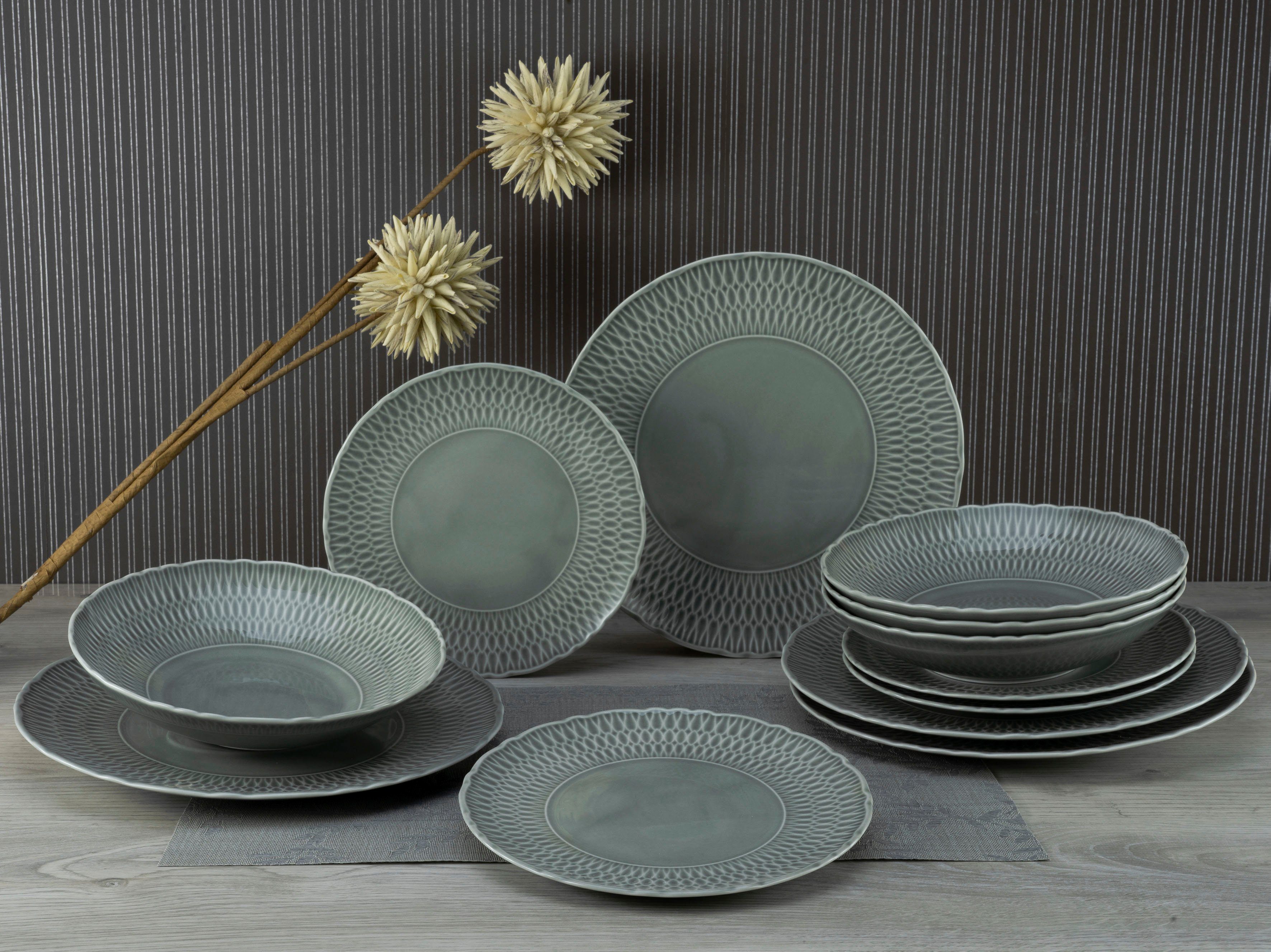 Personen CreaTable Teller-Set für elegantes grau klassisch Geschirr-Set (12-tlg), Porzellan, Teile, 4 Personen, Service, 12 4 Relief, Sofia