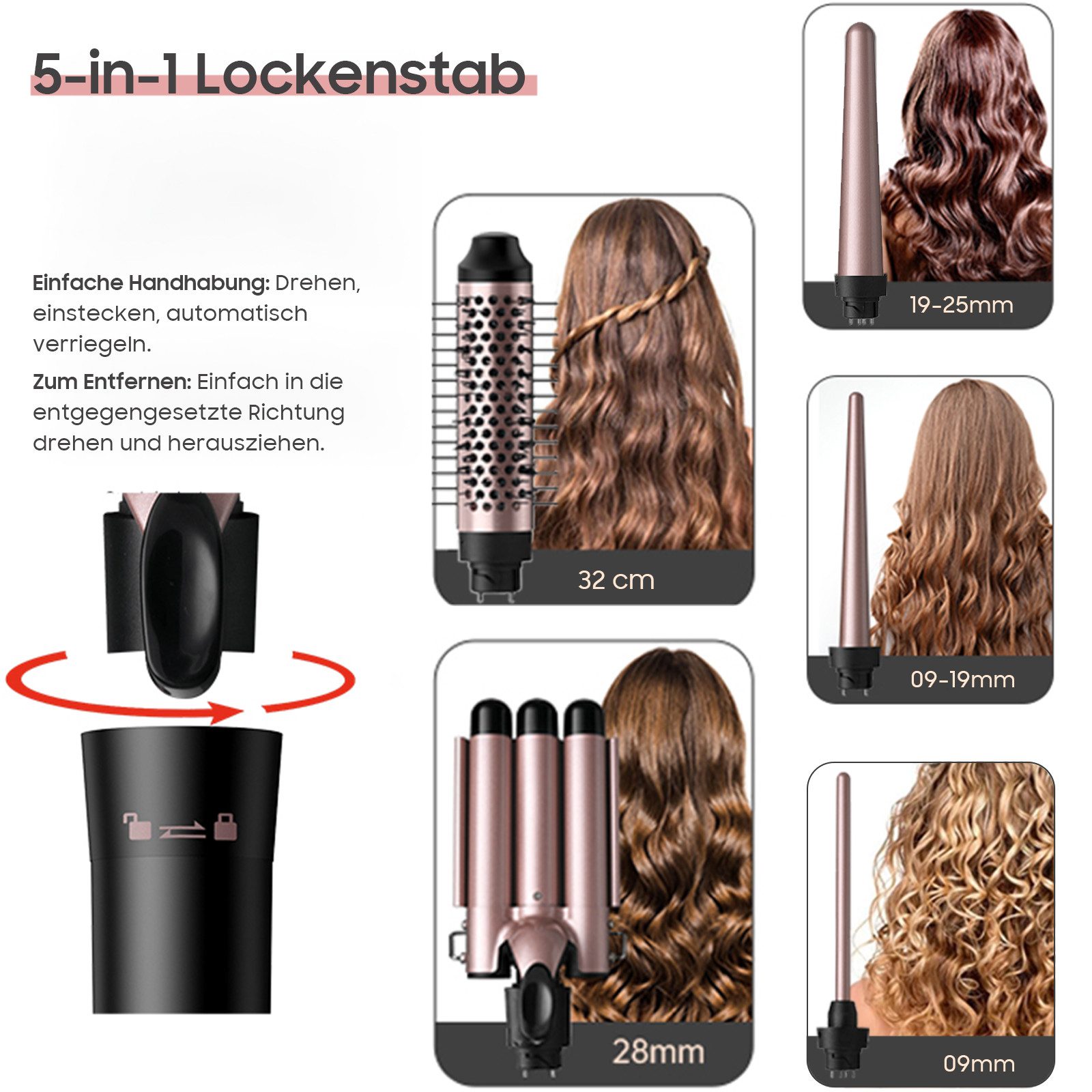 AIMAX Lockenstab 3 Fässer Welleneisen Lockenstäbe 5 in 1 mit Lockenbürste, Keramik-Turmalin-Beschichtung, PTC-Schnellheizung Temperaturregelung und Schutzhandschuhen
