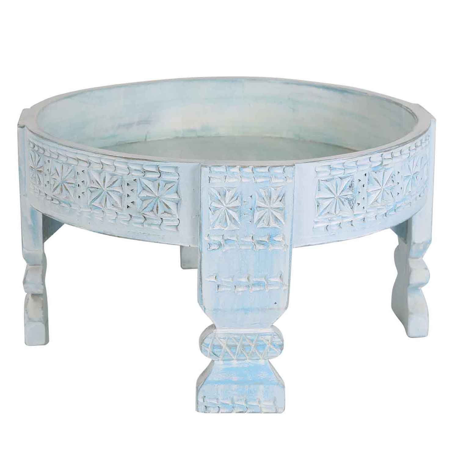 Casa Moro Beistelltisch Orientalischer Beistelltisch Zaman Ø 55cm Massivholz geschnitzt (Chakki Tisch, Shabby Chic Mühlen-Dekor Weiß gekalkt Mühlen-Tisch), Kunsthandwerk Blau