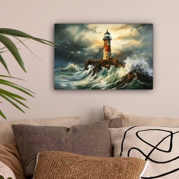 OneMillionCanvasses® Leinwandbild Leuchtturm - Wasser - Meer - Felsen - Ölgemälde, (1 St), Wandbild Leinwandbilder, Aufhängefertig, Wanddeko, 30x20 cm