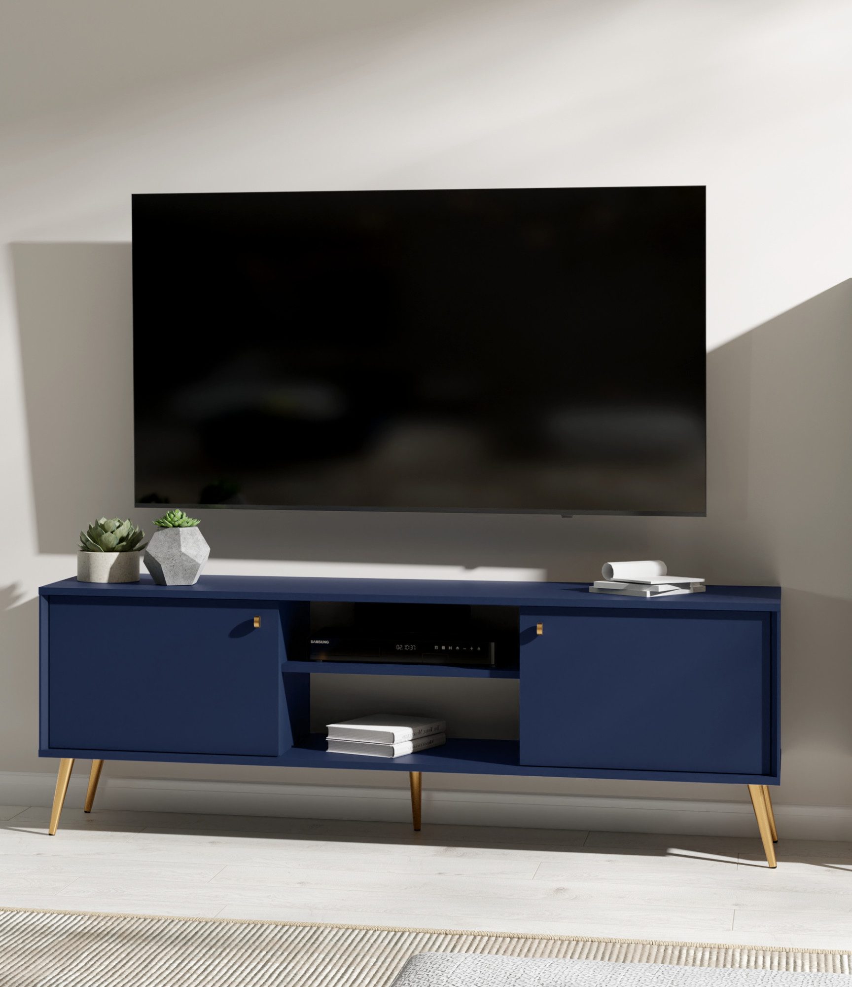 Home affaire Lowboard ROMILDA TV-Schrank mit 2 Türen und einem Fach, B/T/H: 156/40,5/54,8 cm, Dunkelblaue TV-Kommode mit goldenen Akzenten, viel Stauraum