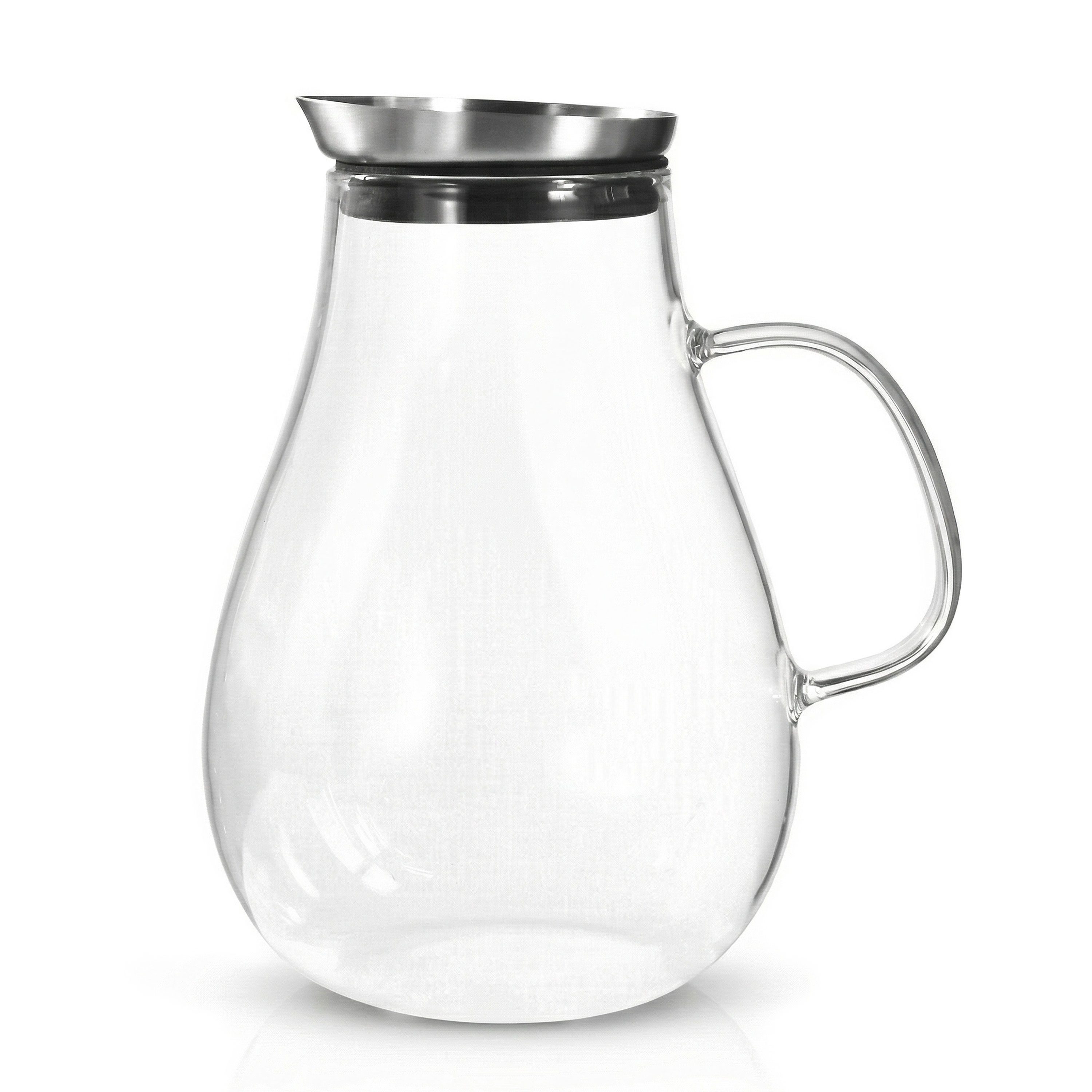 Arendo Karaffe Glaskaraffe 2,5 L, Edelstahldeckel, Henkel, Grobfilter, Wasserkaraffe, Borosilikatglas, 2500 ml, Sieb, hitze- und kältebeständig, BPA-frei