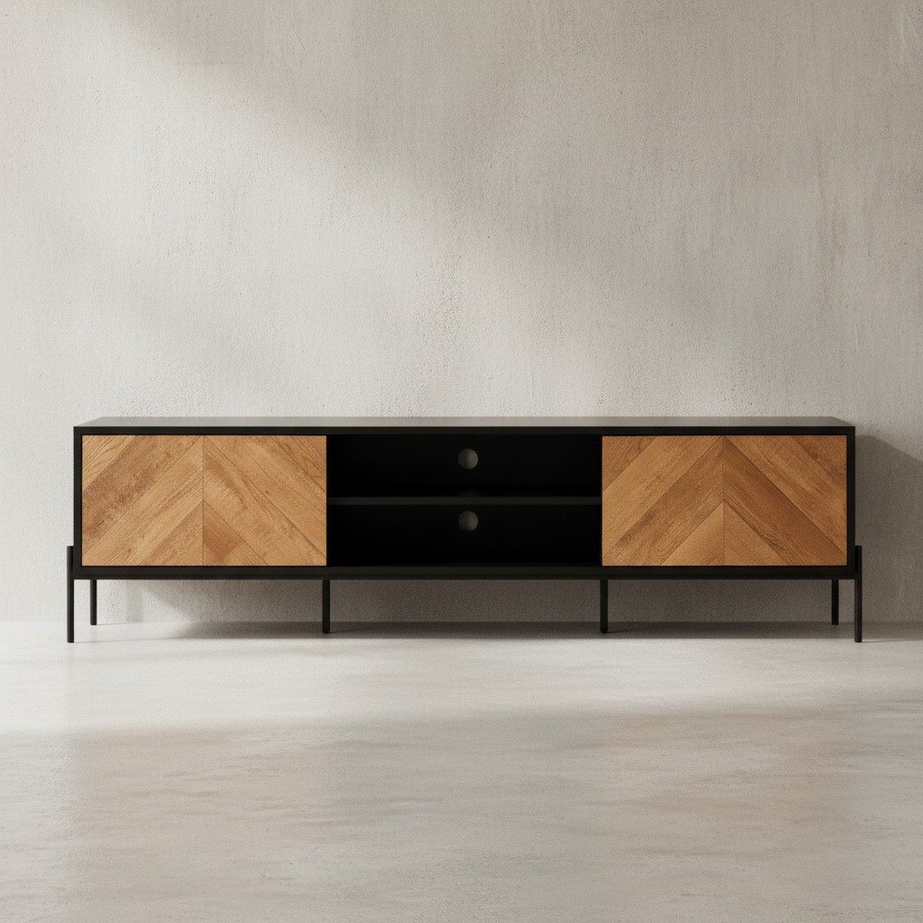 KADIMA DESIGN Lowboard Lowboard Holz Schwarz / Eiche-Dekor 163x45x40 cm TV-Kommode mit zwei (Fernsehkommode Wohnzimmer), Türen, Design TV-Schrank Hoch, Fernsehtisch Fernsehschrank Modern