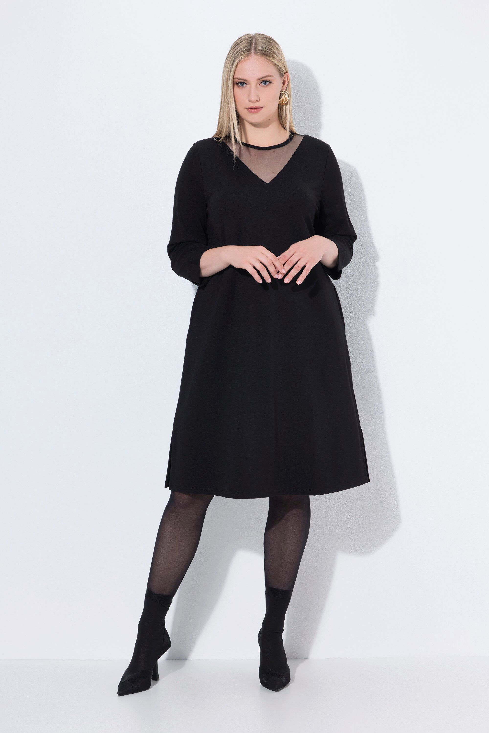 Ulla Popken Midikleid Midikleid Mesh-Einsatz Rundhals 3/4-Arm günstig online kaufen