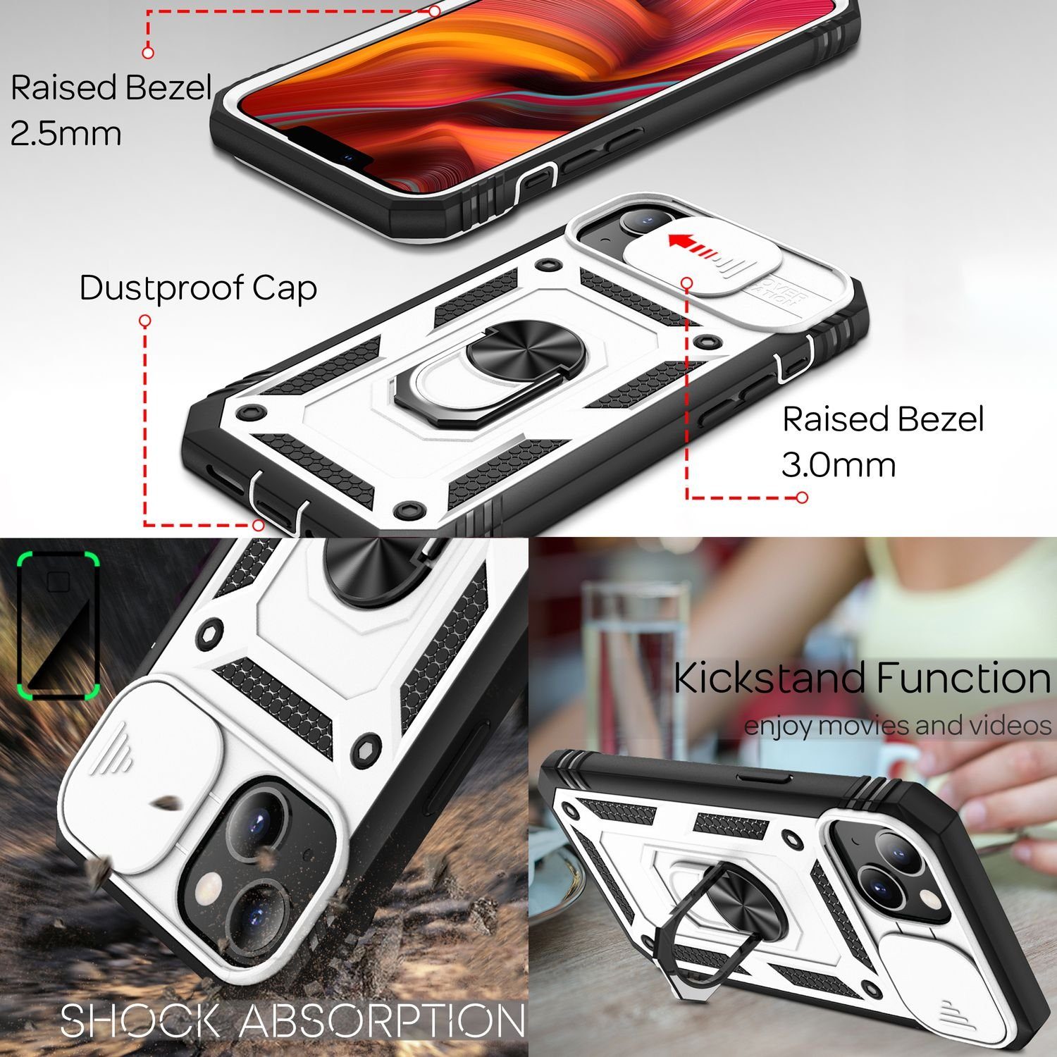 Nalia Smartphone-Hülle Apple iPhone 13 Mini 13,7 cm (5,4 Zoll), Outdoor Military-Style Ring Hülle / Kamera-Abdeckung & Display-Rahmen