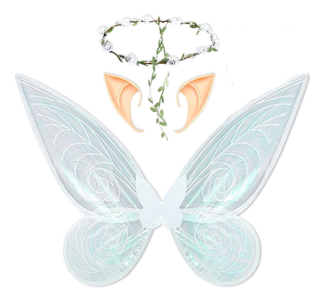 GOOLOO Feen-Kostüm Feenflügel Schmetterlings Flügel Engelsflügel Kostüm-Flügel Weiß, Beinhaltet Flügel, Elfenohren und Blumengirlande