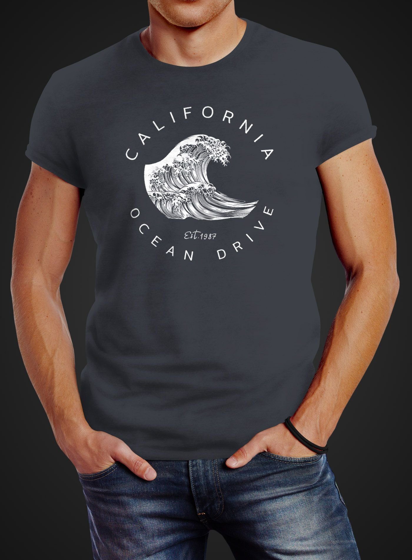 Neverless Print-Shirt Herren T-Shirt Welle Wave günstig online kaufen