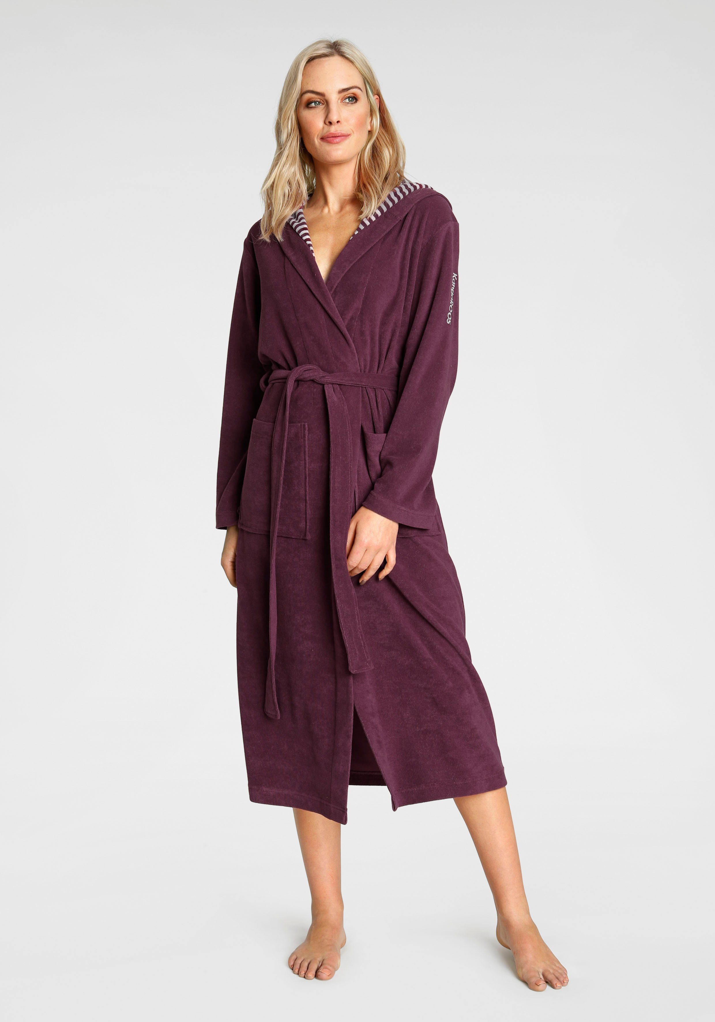 KangaROOS Damenbademantel Dalia, ideal für Sauna & Spa, Standardlänge & Überlänge, Langform, Wirkfrottier, Kapuze, Gürtel, Uni-Farben mit Streifen, Taschen, leicht, XS-3XL, auch in extra lang